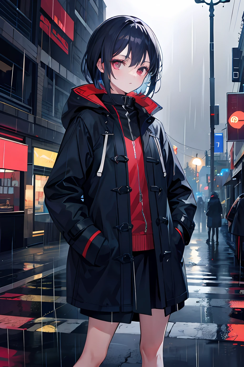 1girl, Night City, rain, coat, hands in pockets