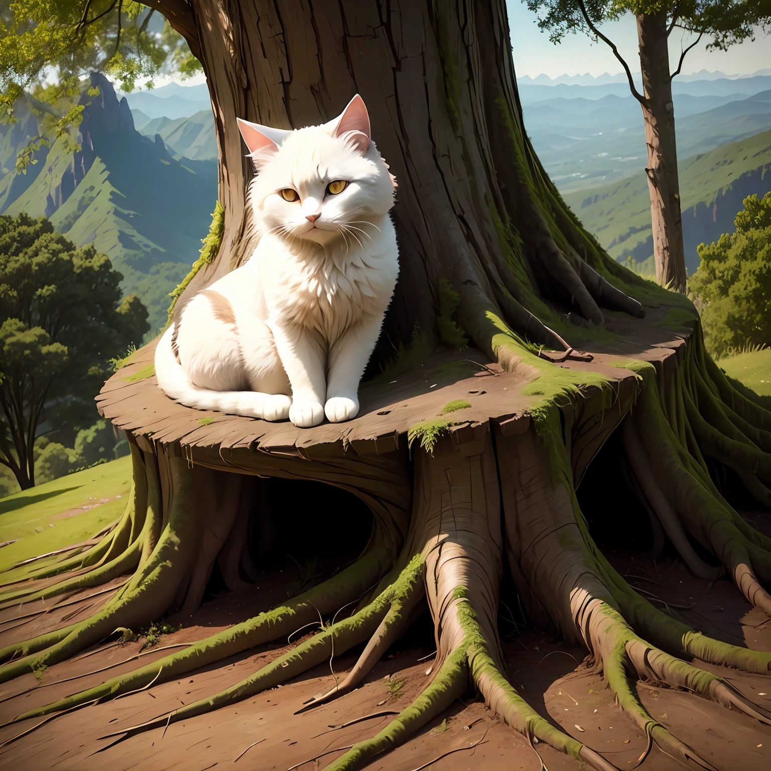 A fluffy cat sits near the roots of a tree on the side of a mountain --auto
