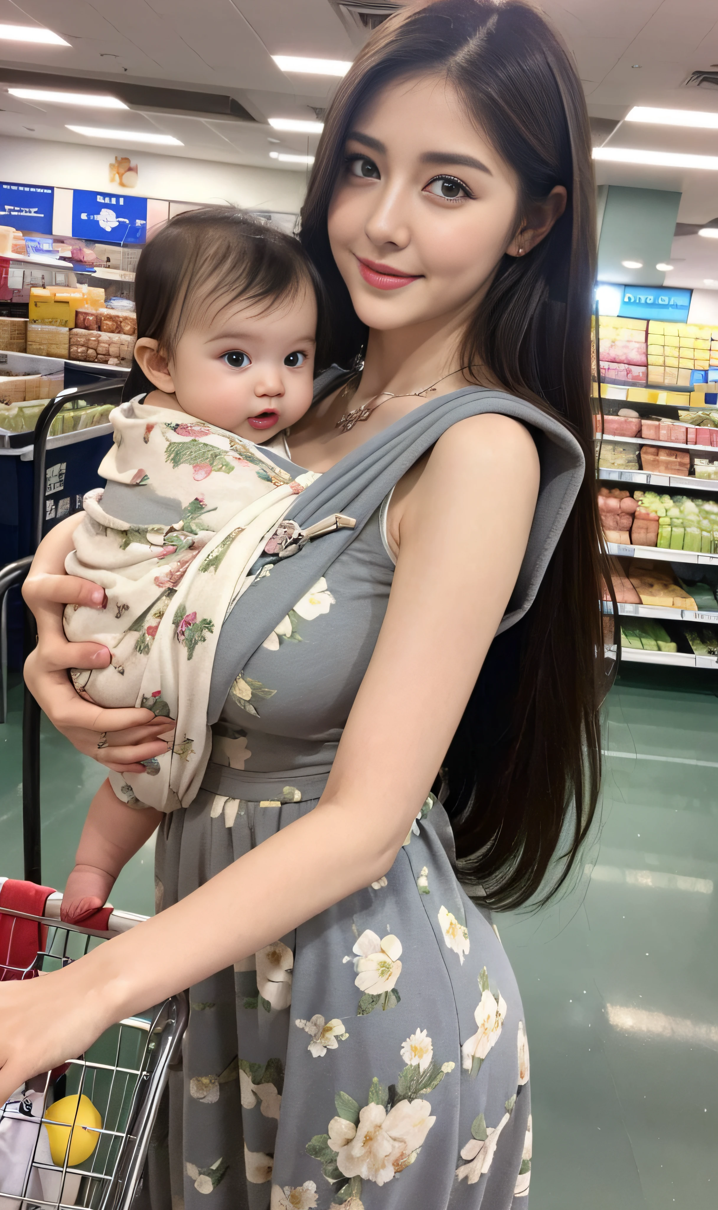 ((Marian Rivera)), 25 years old,  full body, white skin, pores skin, Slim Faces, Like a princess, very beautiful angel, necklace, diamond earing, graceful pose, shy smile, beautiful eyelid,  1girl, Perfect beauty: 1.4, ((extra large gigantic breast:1.3)) ,  Slim Abs: 1.3, blue eyes, Realistic lighting, Best quality, 8K, Masterpiece: 1.3)),, Nikon Z 85mm, ((best quality)) ((masterpiece)), intricate detail, sharp focus, professional, realistic, real life, hyperreal, photorealistic, fine detail, best quality, very Detailed CG unity 8k wallpaper, perfect artwork, stylish hair, glowing eyes, shiny skin, realistic, perfect female hourglass figure, thin waist, wide buttocks, looking at viewer, extremely delicate and beautiful, best quality, beautiful detail girl, beautiful blue eye detail, revealing buttocks, perfect collarbone, golden ratio face, realistic facial expression,detailed eyes, brunette weavy hair, ((wearing grey floral long dress with long skirt, long arm clothes)), face lighting, film lighting, perspective,  ((shopping at super market)), ((holding a 1 years old baby in a baby carrier with carefull)), ((good posture a baby)), ((cute baby girl)), ((pushing a shopping cart)), Indoor supermarket