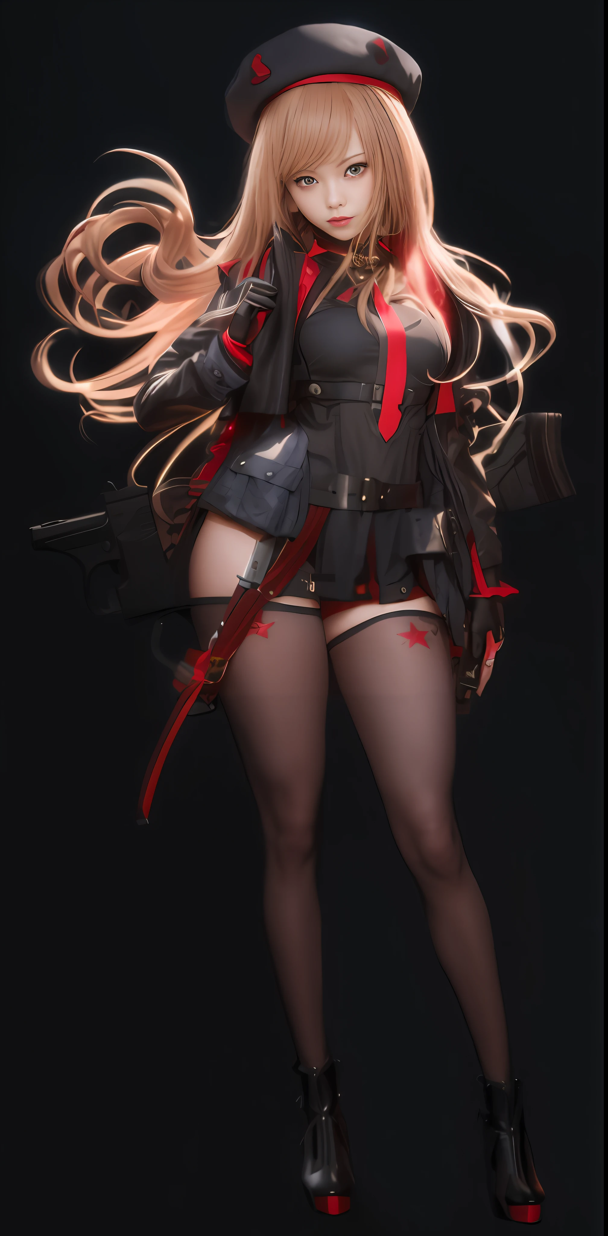 A hyper-realistic、ultra-detailliert、top-quality、hight resolution、Goddess of Japan with a gun on her back, Wearing a red and black hat and a red and black uniform、Cosplay Gravure Idol、long hair with voluminous brown blonde hair,,,,,,、G Cup、Wearing a black crop jacket with a large collar、Wearing black instep and red palm gloves、The right hand grabs the shoulder strap of the gun on the back at the base of the shoulder.、The waist belt comes with several small pouches、Bullets hang from both sides of the hips to the thighs、Red band hanging from under the chest、Black garter stockings with red star logo、Wear short boots with high heels in red and black intricate design