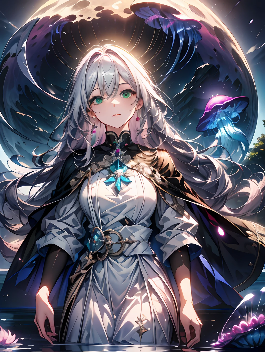 (absurdres, highres, ultra detailed), 1 female , adult, beautiful, tall girl, finely detailed eyes and detailed face, white long pink hair, green eyes, white dress with black jewellery crafted cape, standing on calm lake water, moonlight reflection on lake wate,(full moon:1.2), bioluminescence forest, jellyfish floating around the girl, (many glowing jellyfish:1.2) , (verious size jellyfish), natural light and shadow, night time, glowing flowers, intricate details,There are shiny particles flying around the woman, fantastic, fairy tale, mysterious, shining sparkle ((zoom out shot))