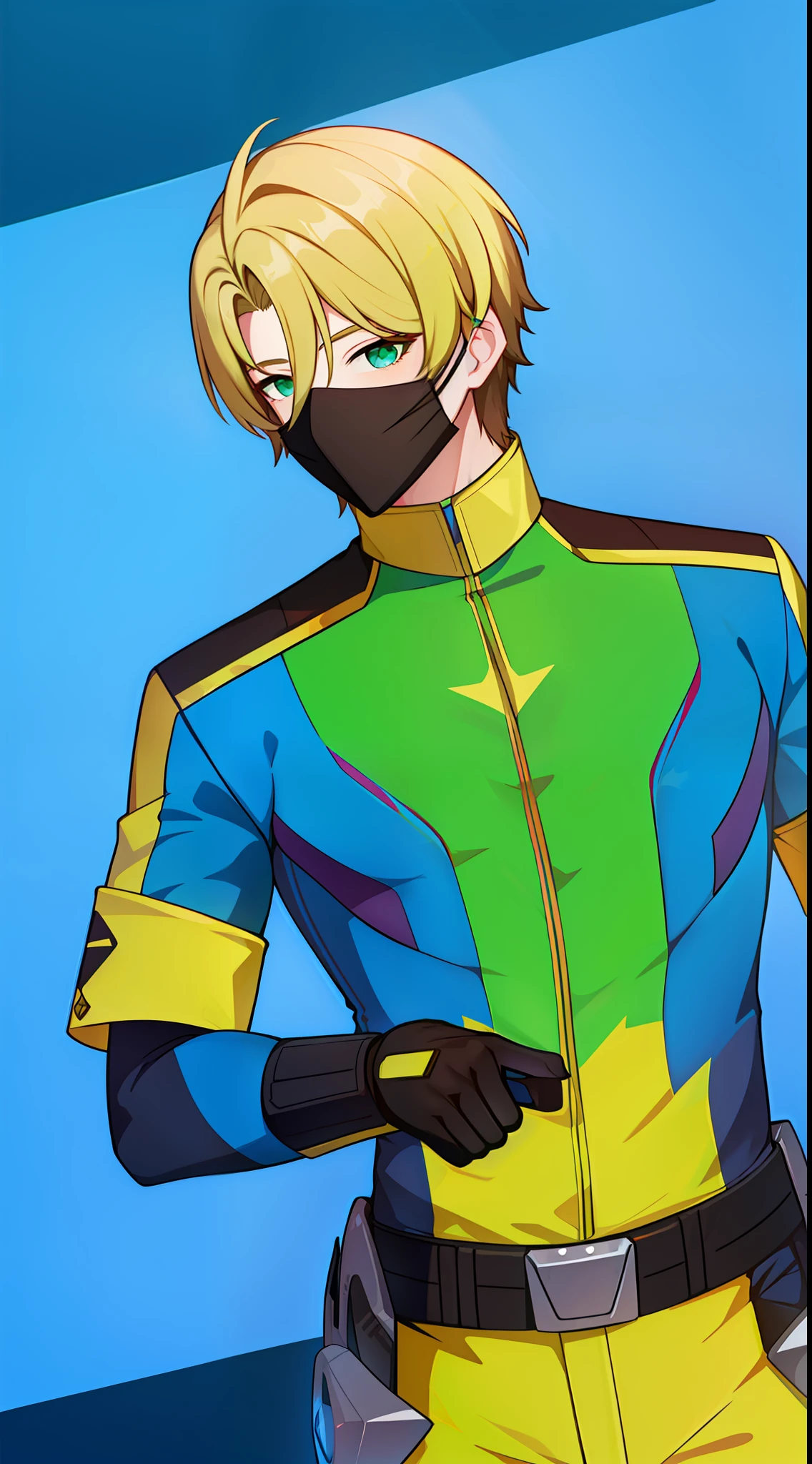 Young guy, short blonde hair, green eye color, Blue and yellow superhero uniform, mask, ssmile, Masterpiece, hiquality