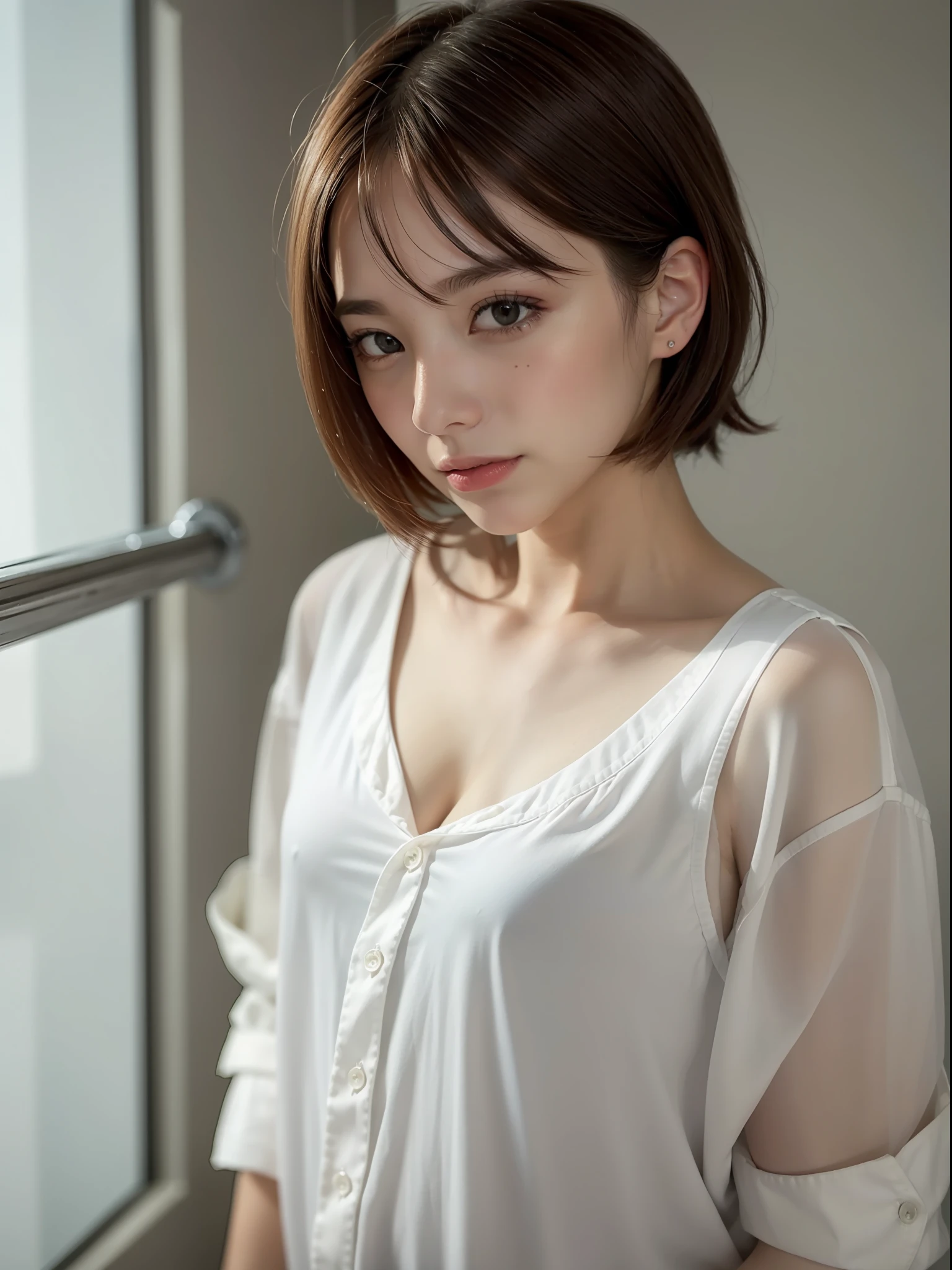 ((top quality, 8k, masterpiece: 1.3, raw photo)), Sharp Focus: 1.2, (1 aespa girl: 1.2), (Realistic, Photorealistic: 1.37), (face focus: 1.1), cute face, ultra detailed face, small breasts, flat chest, short messy hair, (White button up long shirt :1.2), standing bathroom, sunlight, movie lighting,