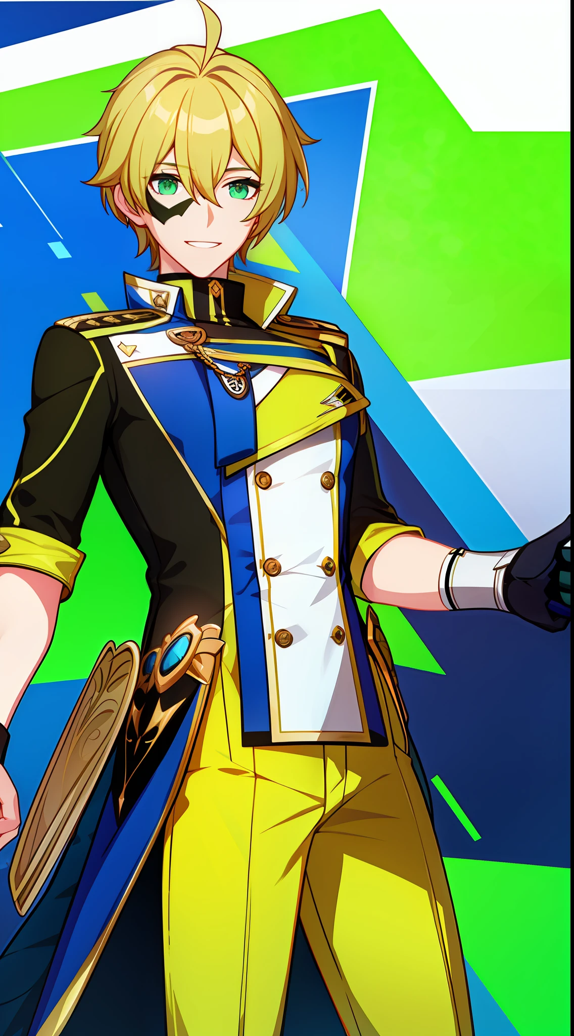 Young guy, short blonde hair, green eye color, Blue and yellow superhero uniform, mask, ssmile, Masterpiece, hiquality