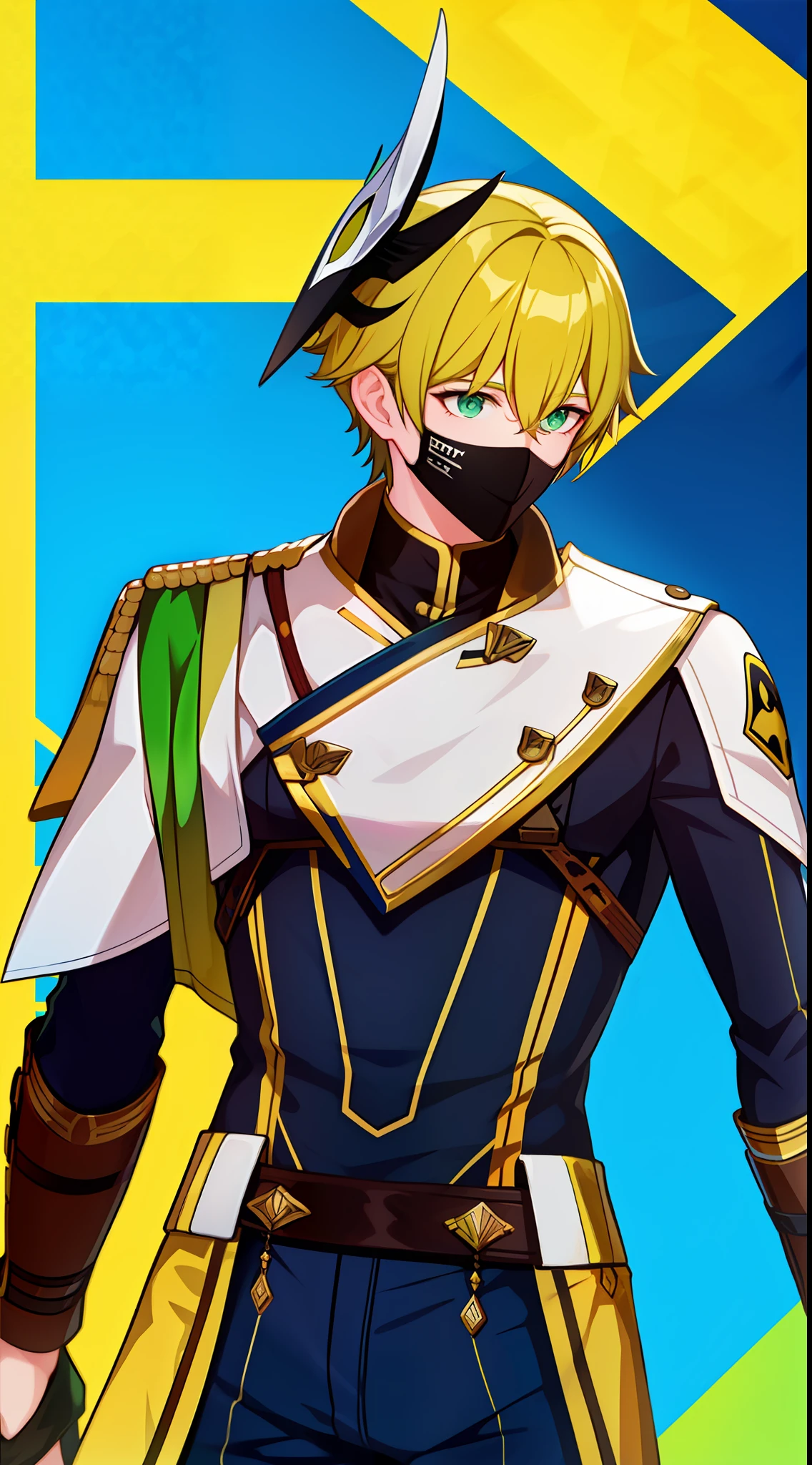 Young guy, short blonde hair, green eye color, Blue and yellow superhero uniform, mask, ssmile, Masterpiece, hiquality