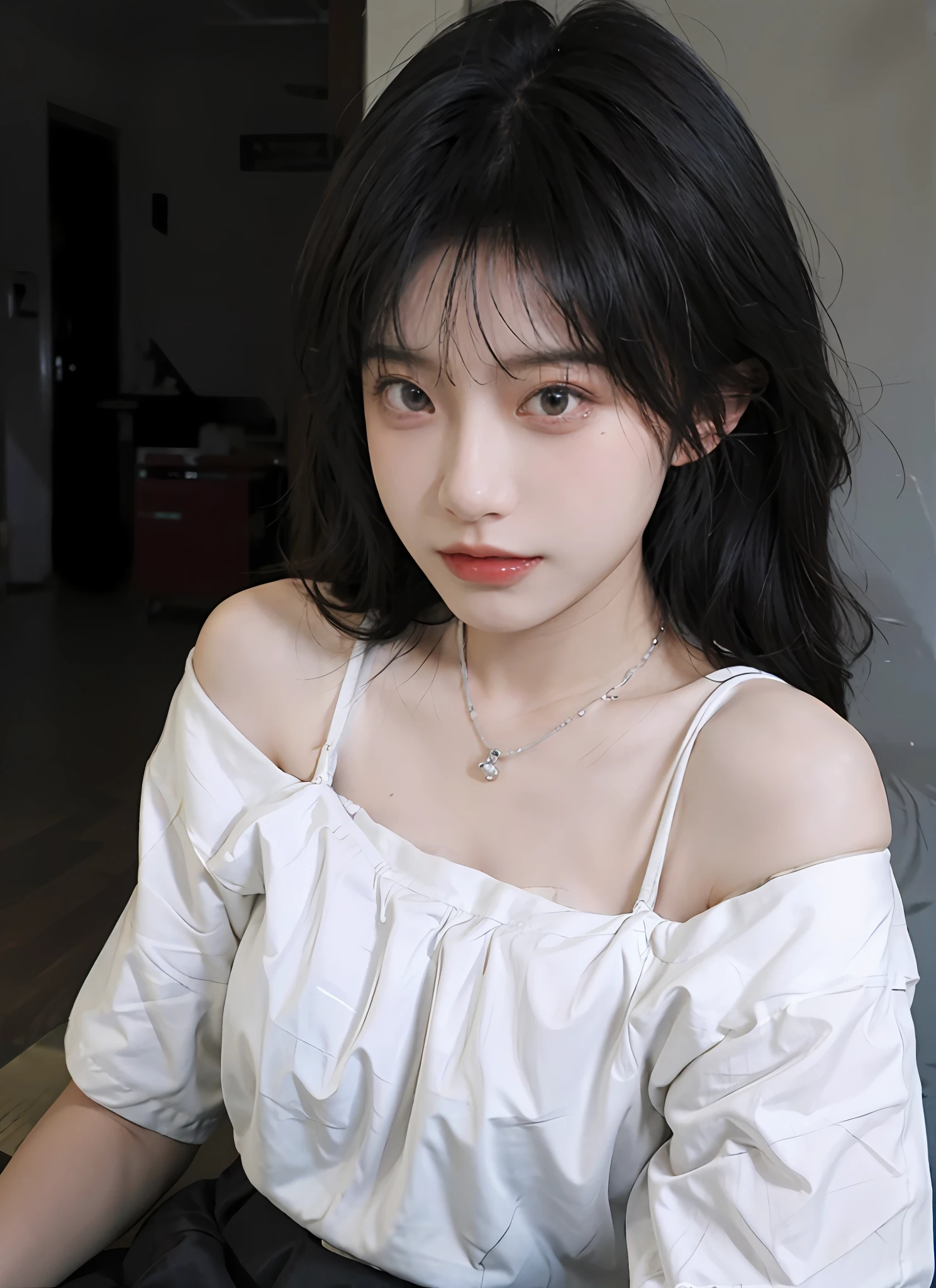 Best Quality, Ultra High Resolution, (Realistic:1.4), 1 Girl, Off-the-Shoulder White Shirt, Black Tight Skirt, Black Necklace, (Faded Gray Gray Hair:1), (:1.2), Looking at the Viewer, Close Up ,