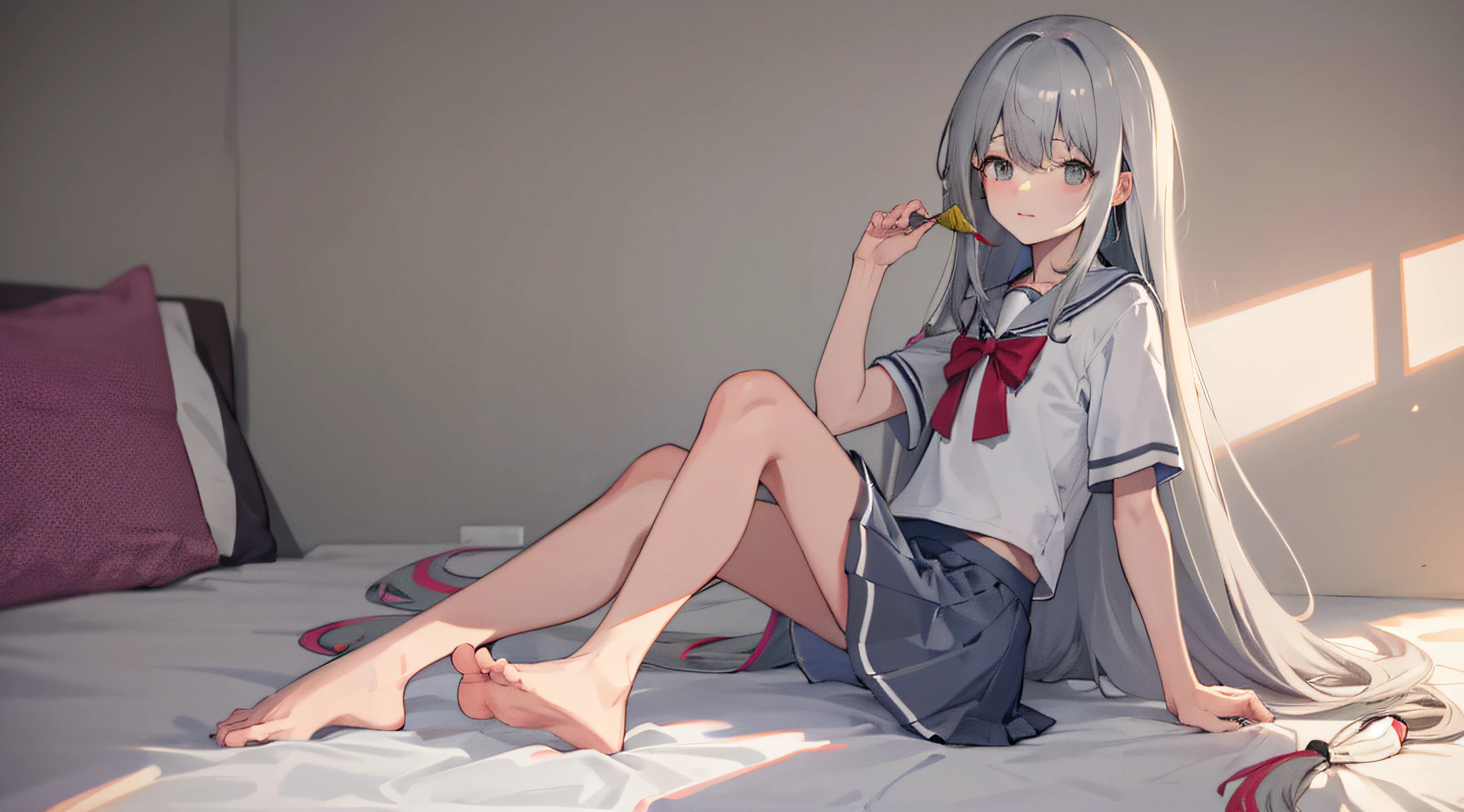 (Absurd, A high resolution, Super detail), 1 girl, Solo, (Very long hair, Gray hair), Colorful, best detail, 16 years old, small, Mini skirt, uniform, Short sleeves, indoor on bed, Barefoot