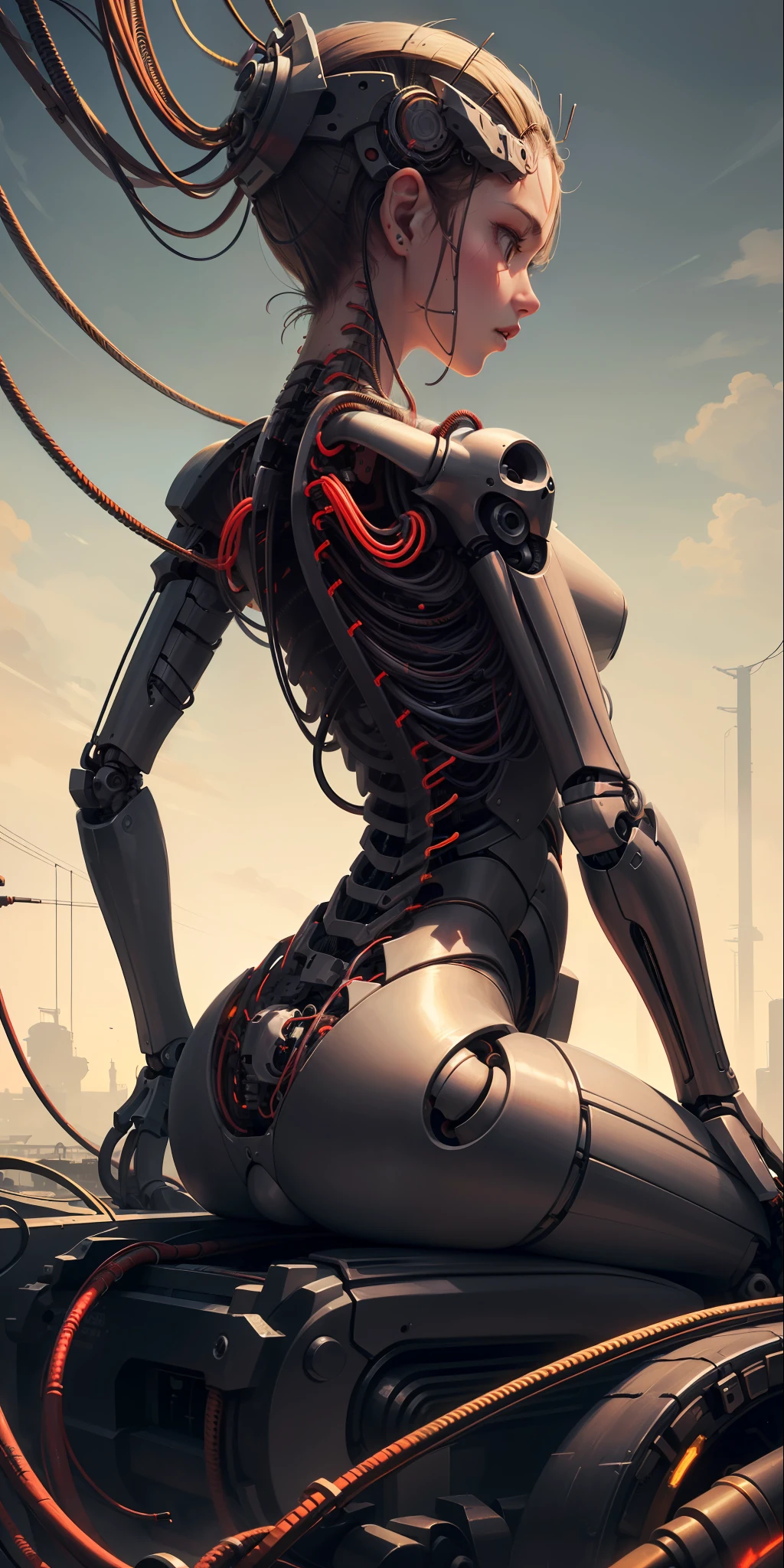 (((masterpiece))), ((((best quality)))), (((ultra-detailed))), (highly detailed CG illustration), ((an extremely delicate and beautiful)),(cute delicate face),cinematic light,((1mechanical girl)),solo,full body,(machine made joints:1.4),((machanical limbs)),(blood vessels connected to tubes),((mechanical vertebra attaching to back)),((mechanical cervial attaching to neck)),((sitting)),expressionless,(wires and cables attaching to head and body:1.5),(character focus),science fiction