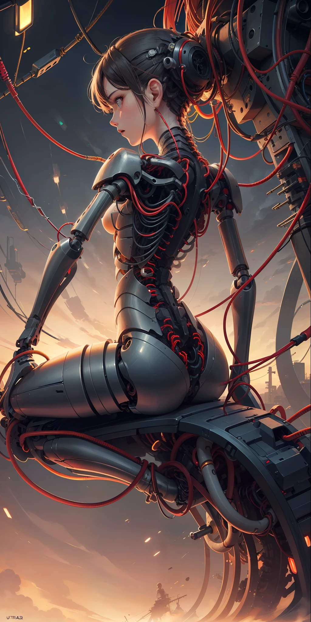 (((masterpiece))), ((((best quality)))), (((ultra-detailed))), (highly detailed CG illustration), ((an extremely delicate and beautiful)),(cute delicate face),cinematic light,((1mechanical girl)),solo,full body,(machine made joints:1.4),((machanical limbs)),(blood vessels connected to tubes),((mechanical vertebra attaching to back)),((mechanical cervial attaching to neck)),((sitting)),expressionless,(wires and cables attaching to head and body:1.5),(character focus),science fiction