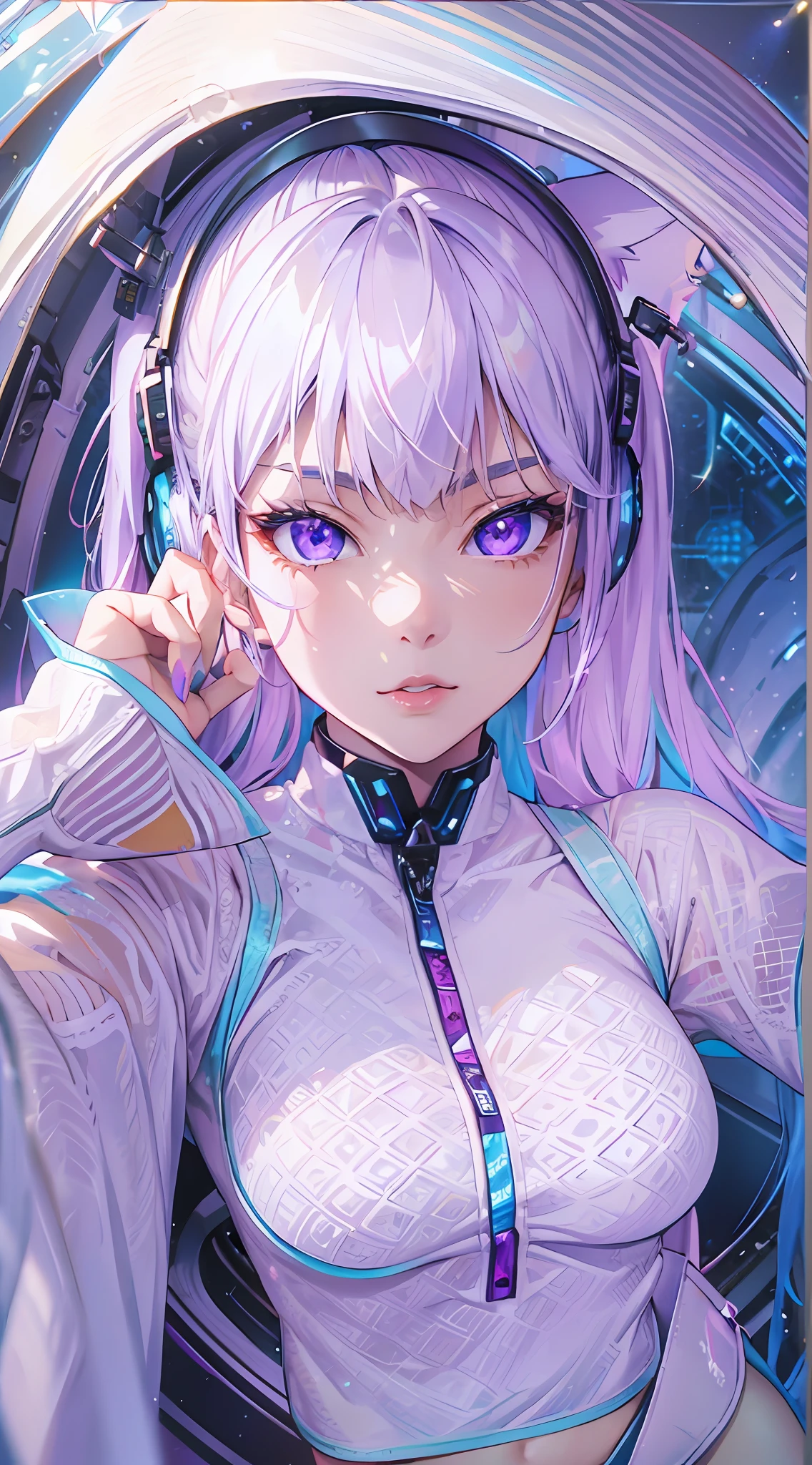 ((Masterpiece)), best quality, absurderes, ultra detailed, holographic, cowboy shot, dynamic pose, golden ratio, super cute girl, mature girl, extremely beautiful, super beautiful asian girl with super beautiful violet eyes, super beautiful white hair, shiny skin, high ponytail, nice and sexy body, slim and delicate body, perfect body, wearing a super tight printed white crop top, kawaii panties, fox headset, being photographed in a kawaii alien spaceship