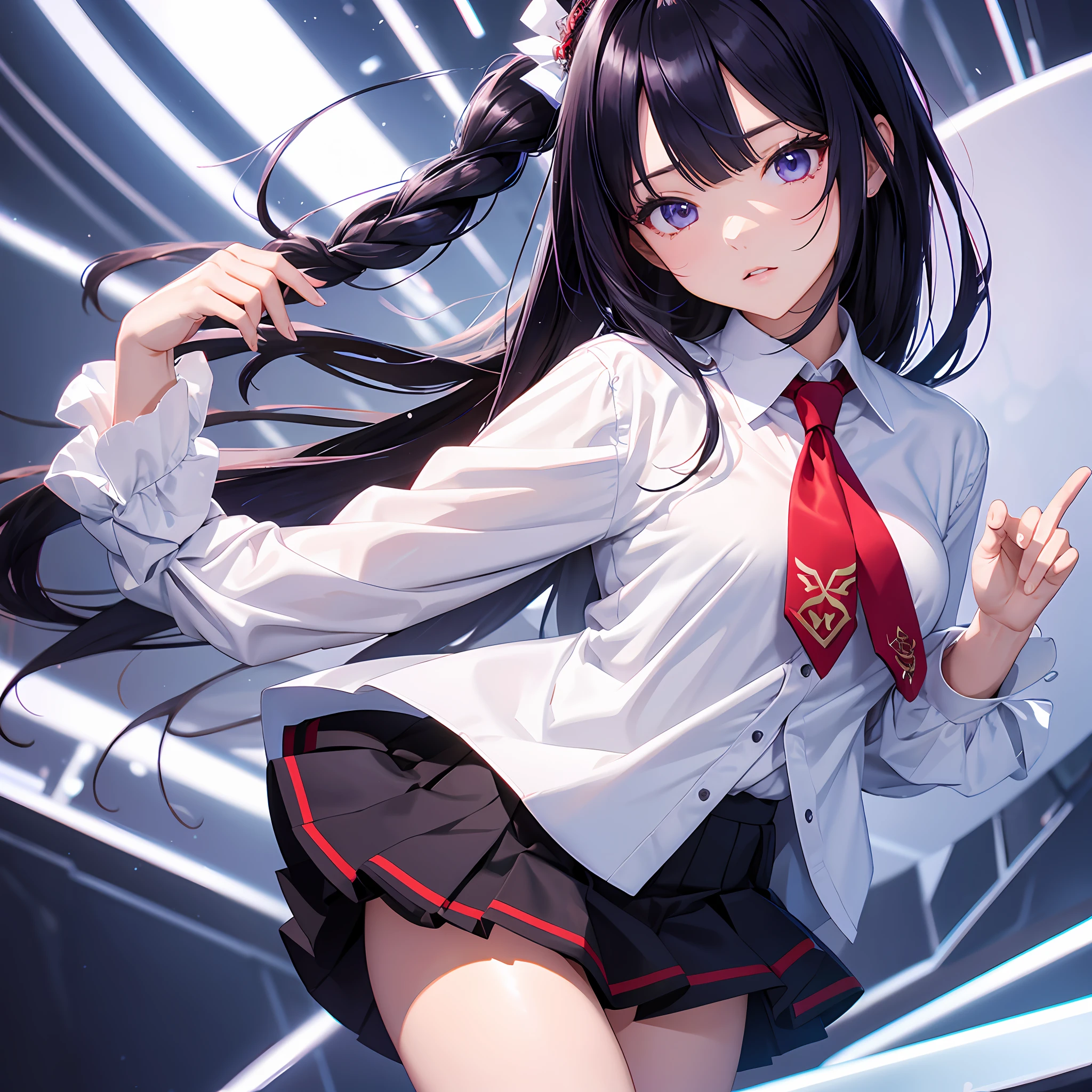 tmasterpiece, Best quality at best, 1girl, 独奏, raiden_genshin，The upper part of the body，校服，white  shirt，a skirt，red necktie， --auto