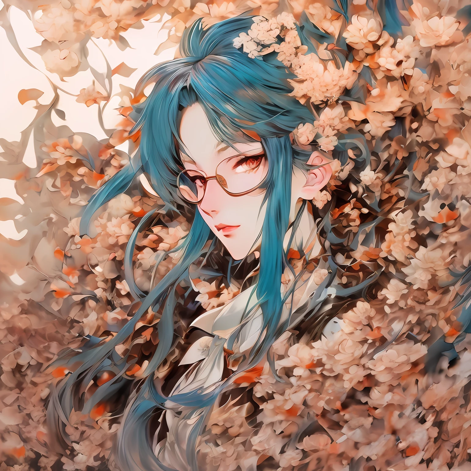 drawing of a woman with blue hair and glasses with flowers in her hair,korean art nouveau anime, beautiful anime artwork, artgerm and james jean, anime art nouveau, beautiful anime art, the flower prince, a beautiful artwork illustration, detailed anime character art, digital art on pixiv, anime fantasy illustration, detailed digital anime art, beautiful fantasy anime, clean detailed anime art, 2 d anime style, decora inspired illustrations, inspired by Yumihiko Amano, anime girl with teal hair, anime style portrait, beautiful anime art style, portrait of jinx from arcane, manga art style, anime style illustration, anime art style, anime style art, anime styled, beautiful line art, detailed manga style, extremely fine ink lineart, black and white manga style, black and white line art, ink manga drawing, intense line art, pencil and ink manga drawing, intense black line art, in style of manga, exquisite line art, perfect lineart,exquisite line art, exquisite digital illustration, detailed digital drawing, black and white coloring, digital anime illustration, a beautiful artwork illustration, detailed matte fantasy portrait, beautiful line art, great digital art with details, goddess. extremely high detail, 4k detailed digital art, stunning digital illustration