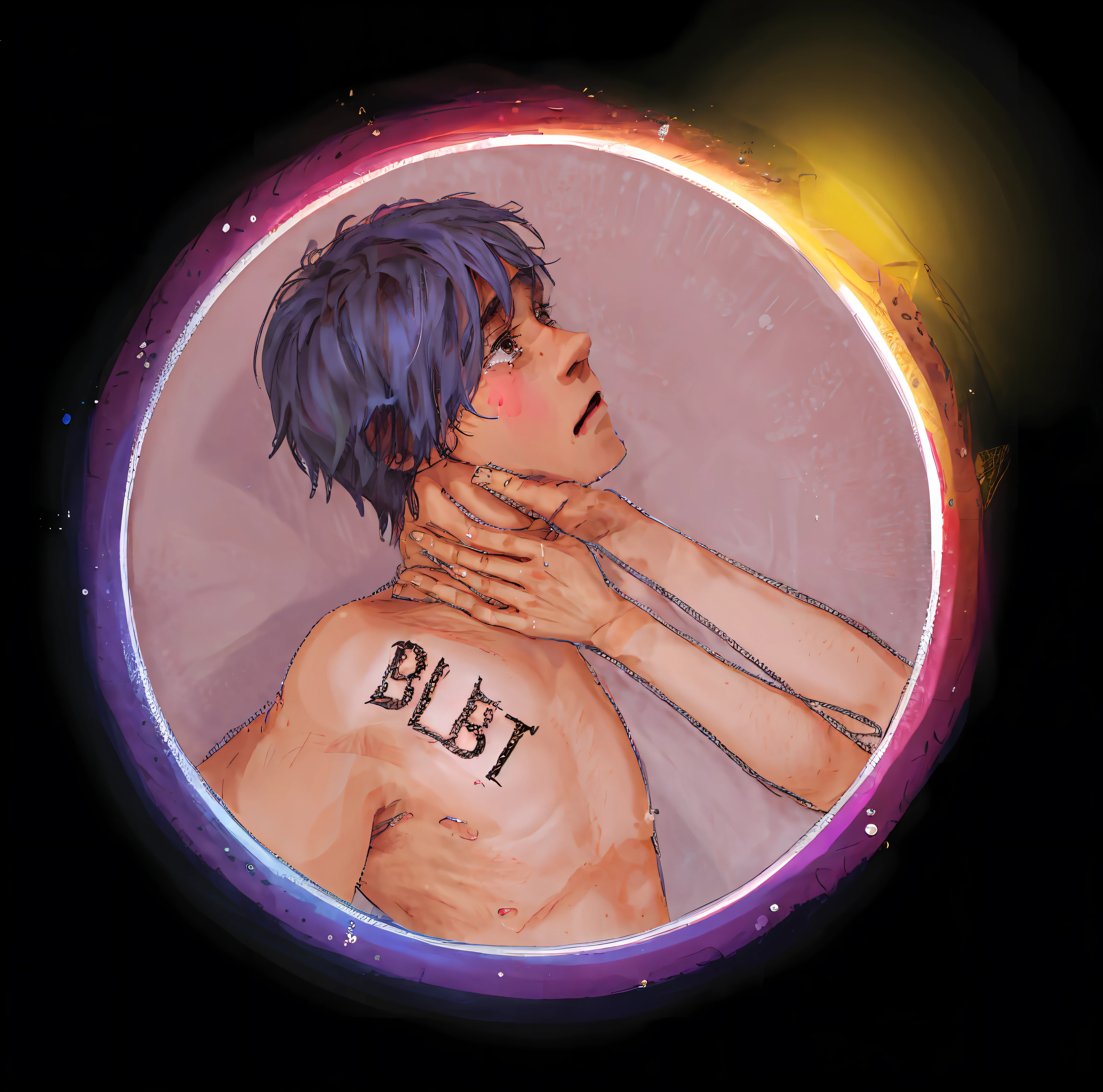 A boy has a tattoo on his chest,It says the word BLBT, And this was pinby someone else's neck with two hands, And the boy's expression is shy and nervous,And also cried,Tears were shed --auto