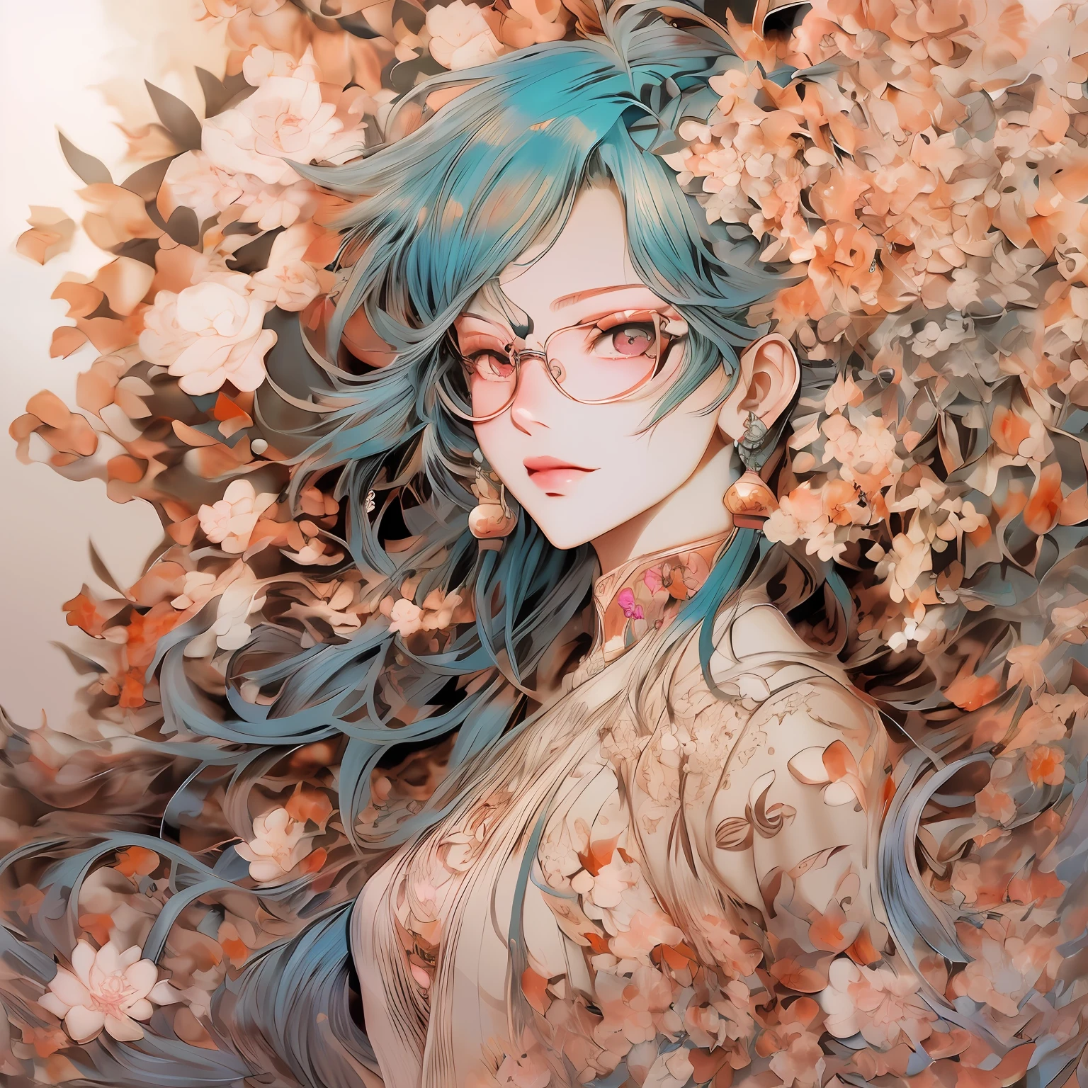 drawing of a woman with blue hair and glasses with flowers in her hair,korean art nouveau anime, beautiful anime artwork, artgerm and james jean, anime art nouveau, beautiful anime art, the flower prince, a beautiful artwork illustration, detailed anime character art, digital art on pixiv, anime fantasy illustration, detailed digital anime art, beautiful fantasy anime, clean detailed anime art, 2 d anime style, decora inspired illustrations, inspired by Yumihiko Amano, anime girl with teal hair, anime style portrait, beautiful anime art style, portrait of jinx from arcane, manga art style, anime style illustration, anime art style, anime style art, anime styled, beautiful line art, detailed manga style, extremely fine ink lineart, black and white manga style, black and white line art, ink manga drawing, intense line art, pencil and ink manga drawing, intense black line art, in style of manga, exquisite line art, perfect lineart,exquisite line art, exquisite digital illustration, detailed digital drawing, black and white coloring, digital anime illustration, a beautiful artwork illustration, detailed matte fantasy portrait, beautiful line art, great digital art with details, goddess. extremely high detail, 4k detailed digital art, stunning digital illustration