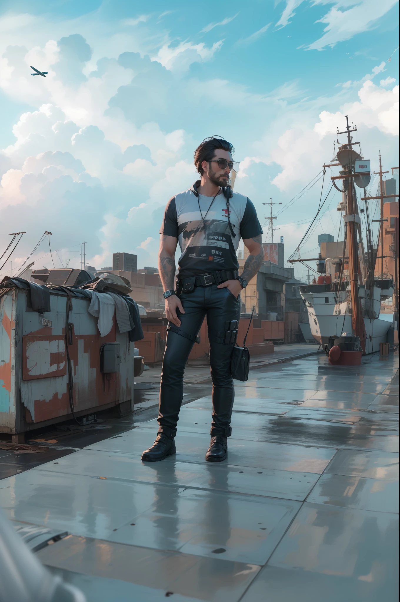 Real face tone, realistic cyberpunk look handsome man, 8k resolution UHD , in the old rusty ship , real face tone, with a futuristic plane on the sky.