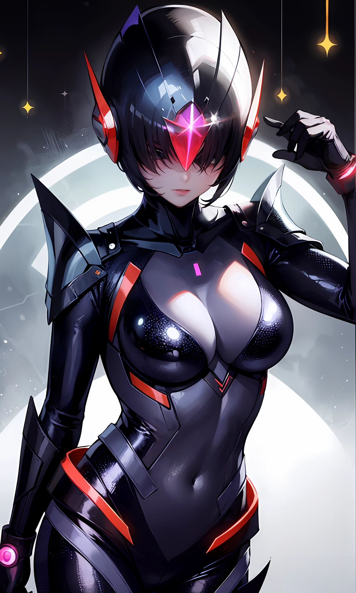 Ultraman Woman。Black Full Face Helmet。One sparkling crystal。Drossel's Eye。Covered with a black bodysuit so that bare skin is not visible。Female Solo。Purple lines run all over the body。Glowing core of the chest。