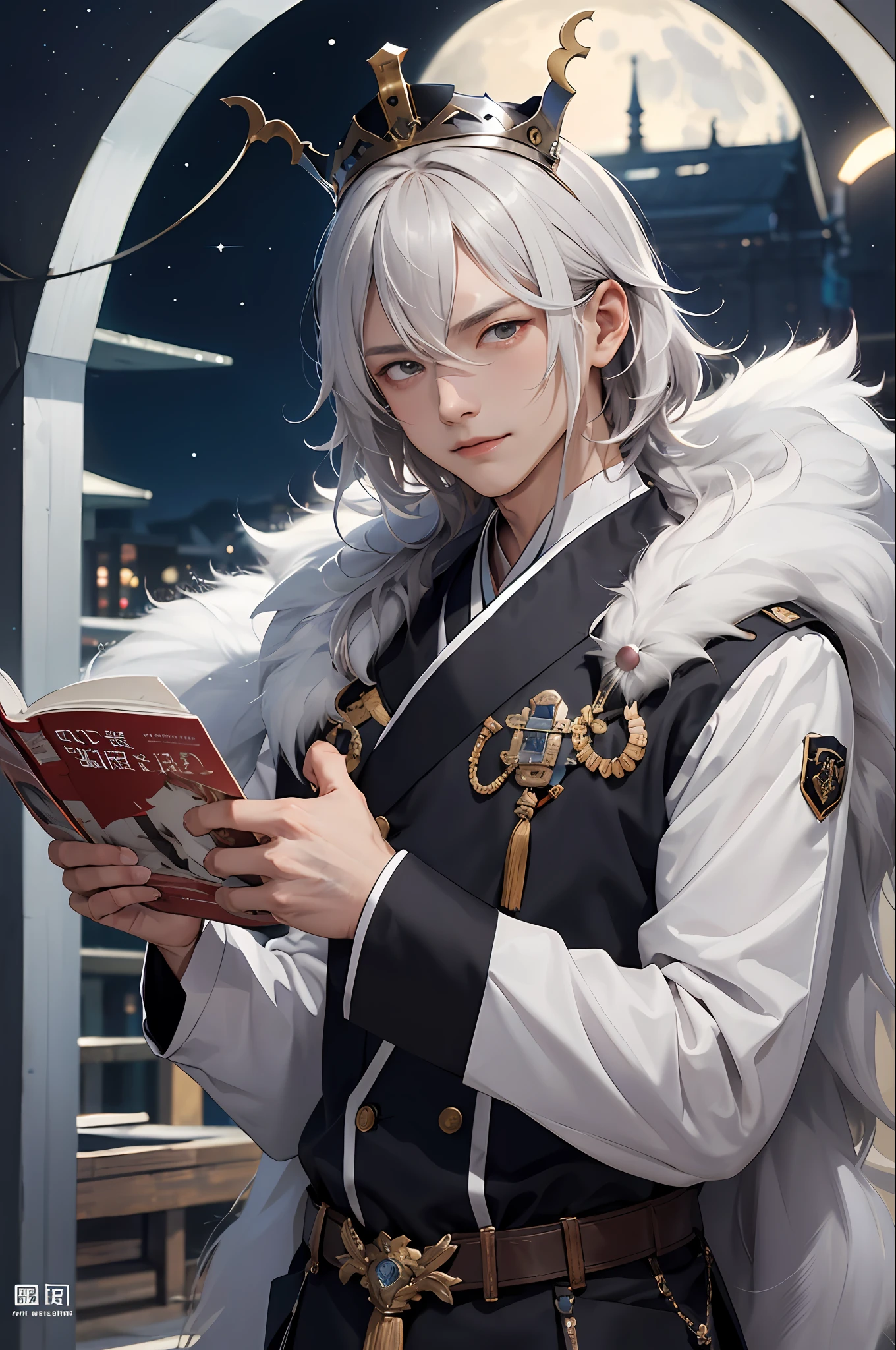 tmasterpiece， Best quality at best， high high quality， 1boys，Tough guy，Bookish，Gentle，With wounds，Ming subdued Han uniform，traditionalcostumes，Moon-white shirt，long whitr hair，Hair crown，with a determined look in his eyes，The eyes are affectionate，ssmile， 独奏， malefocus， The upper part of the body， looking at viewert，MagazineCover，