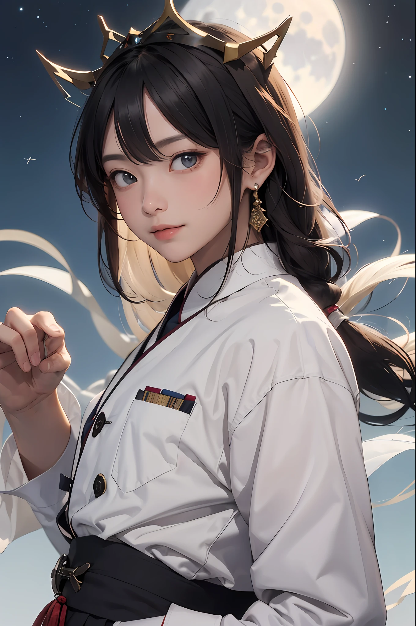 tmasterpiece, Best quality at best, high high quality, 1boys,Tough guy,Bookish,Gentle,With wounds,Ming subdued Han uniform,traditionalcostumes,Moon-white shirt,long whitr hair,Hair crown,with a determined look in his eyes,The eyes are affectionate,ssmile, 独奏, malefocus, The upper part of the body, looking at viewert,MagazineCover,