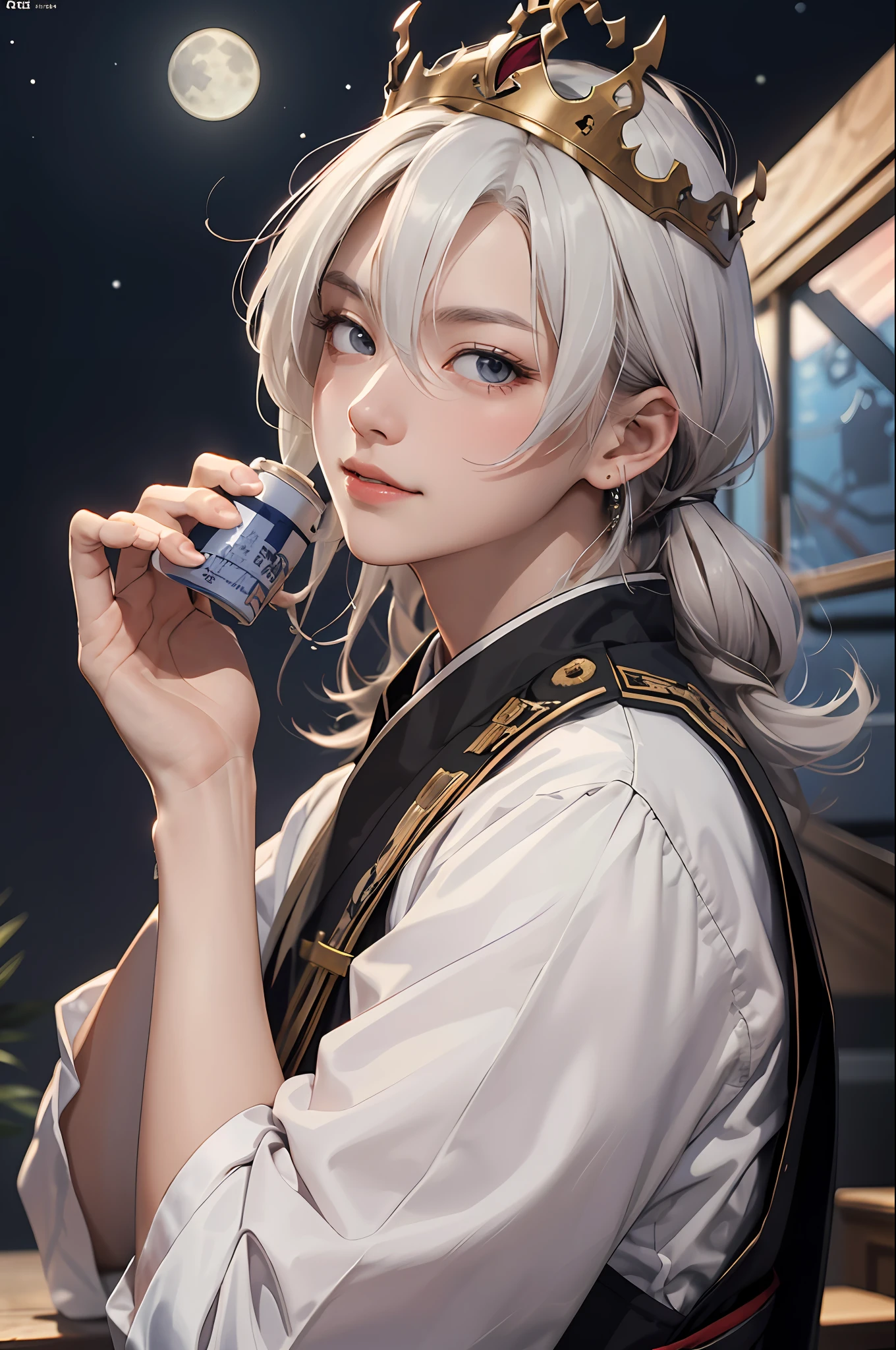 tmasterpiece, Best quality at best, high high quality, 1boys,Tough guy,Bookish,Gentle,With wounds,Ming subdued Han uniform,traditionalcostumes,Moon-white shirt,long whitr hair,Hair crown,with a determined look in his eyes,The eyes are affectionate,ssmile, 独奏, malefocus, The upper part of the body, looking at viewert,MagazineCover,