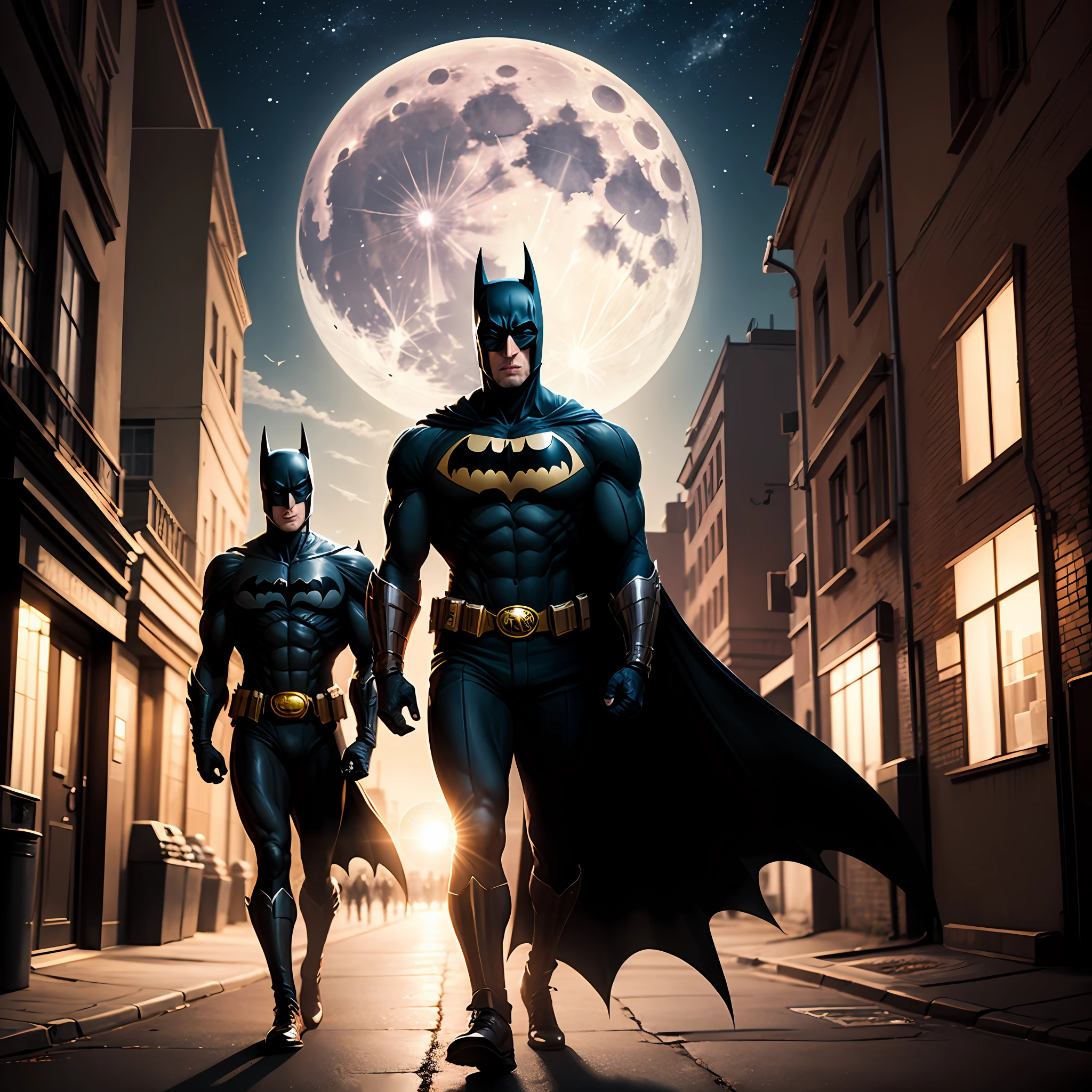 Batman year 70 style, big moon, walking in street --auto