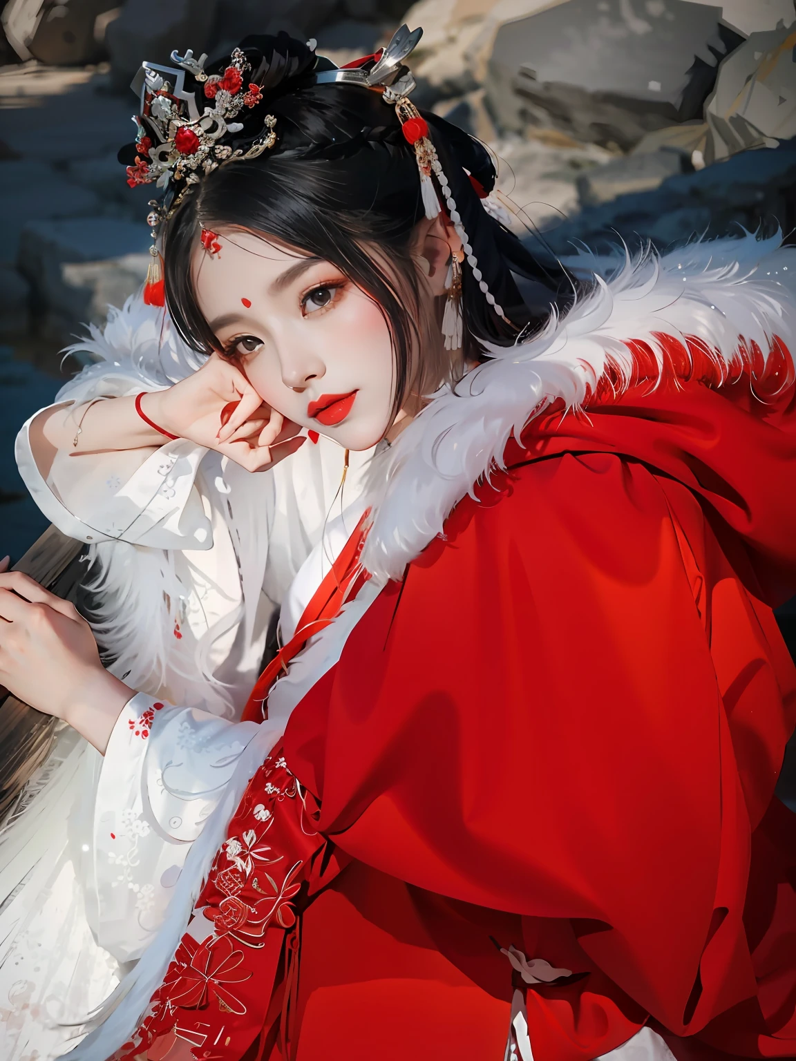 Dressed in red and white, sit on the rocks of Arape, Palace , A girl in Hanfu, White Hanfu, Hanfu, wearing red fur cloak, with acient chinese clothes, a beautiful fantasy empress, Wearing ancient Chinese clothes, inspired by Li Mei-shu, Anime girl cosplay, ((a beautiful fantasy empress)), Traditional Chinese clothing