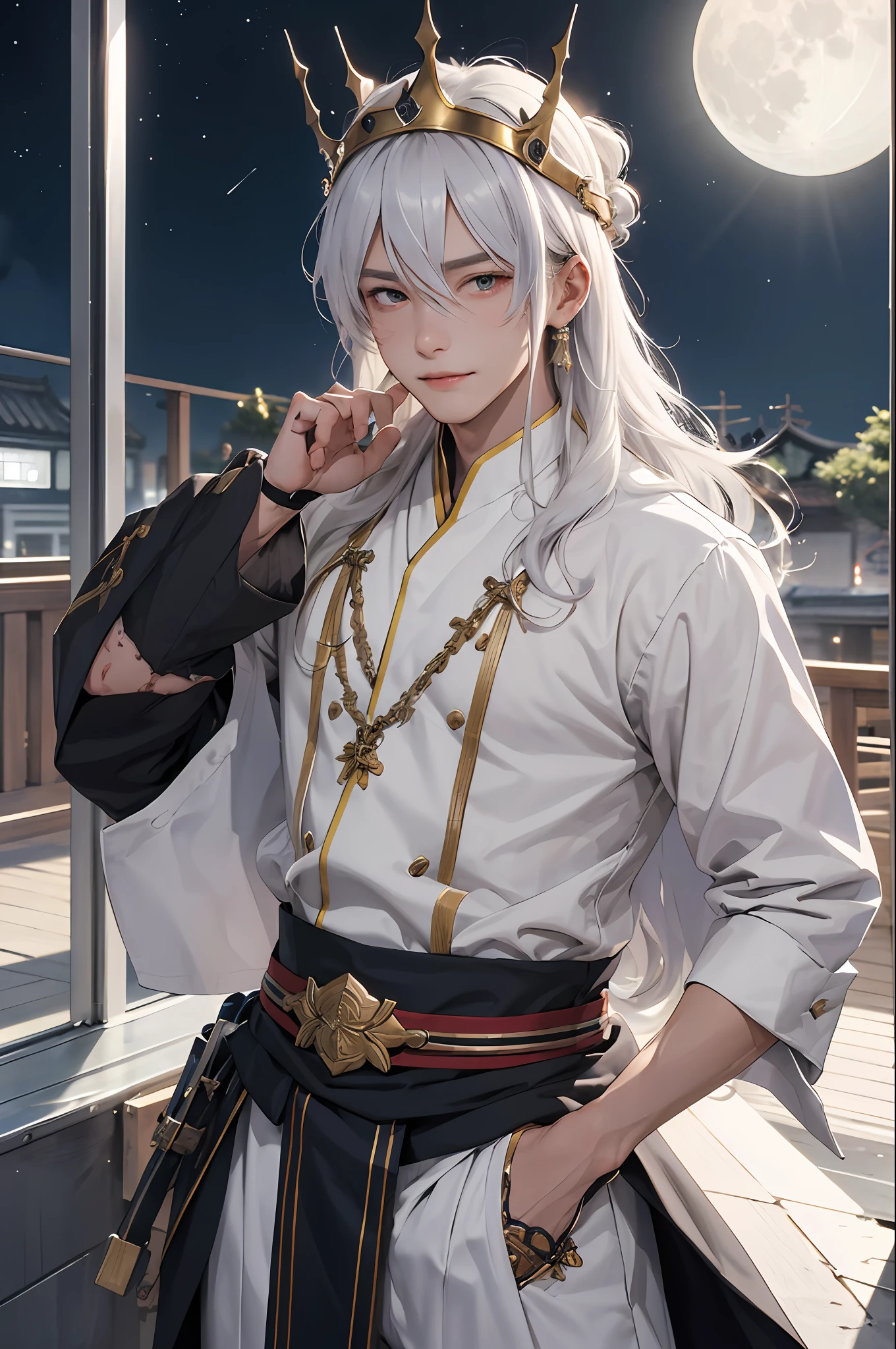 tmasterpiece， Best quality at best， high high quality， 1boys，Tough guy，Bookish，Gentle，With wounds，Ming subdued Han uniform，traditionalcostumes，Moon-white shirt，long whitr hair，Hair crown，with a determined look in his eyes，The eyes are affectionate，ssmile， 独奏， malefocus， The upper part of the body， looking at viewert，MagazineCover，