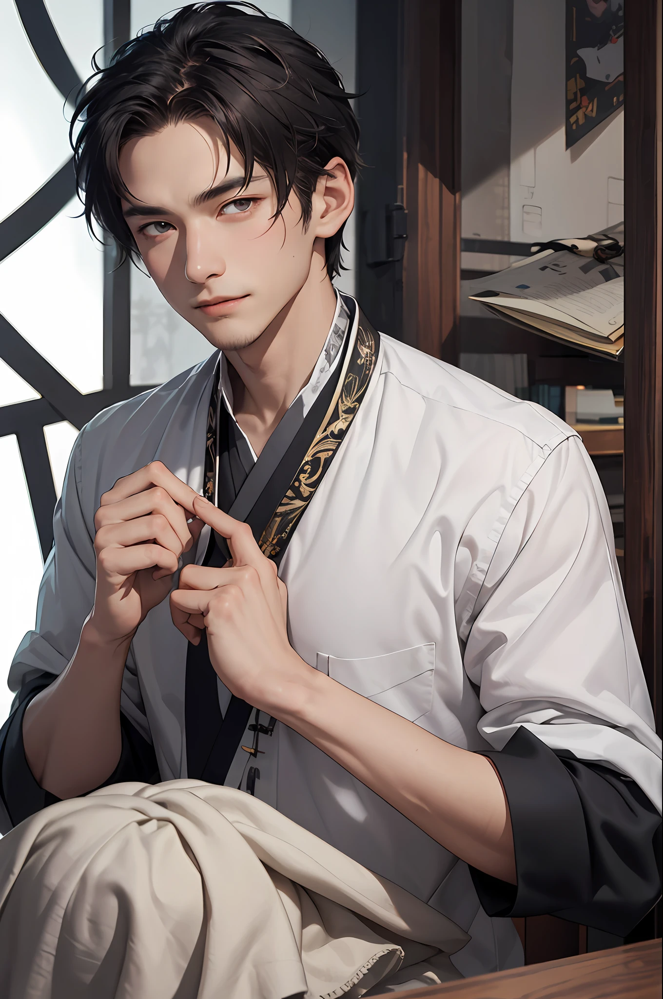 tmasterpiece, Best quality at best, high high quality, 1boys,Tough guy,Bookish,Gentle,With wounds,Ming subdued Han uniform,traditionalcostumes,Moon-white shirt,long whitr hair,Hair crown,with a determined look in his eyes,The eyes are affectionate,ssmile, 独奏, malefocus, The upper part of the body, looking at viewert,MagazineCover,