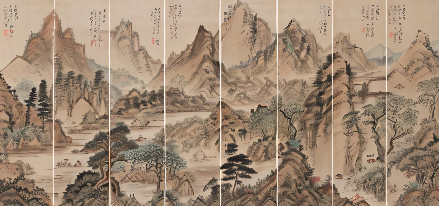 A close-up of a landscape painting of mountains and rivers, author:Gu An, author:Wang Jian, author:Wang Lu, qi sheng luo, author:Wang Fu, Traditional Chinese art, Chinese landscape, inspired by Wang Yuanqi, author:Li Zai, inspired by Wang Shishen, author:Li Di, mu pan, Chinese art, Chinese painting style,k hd
