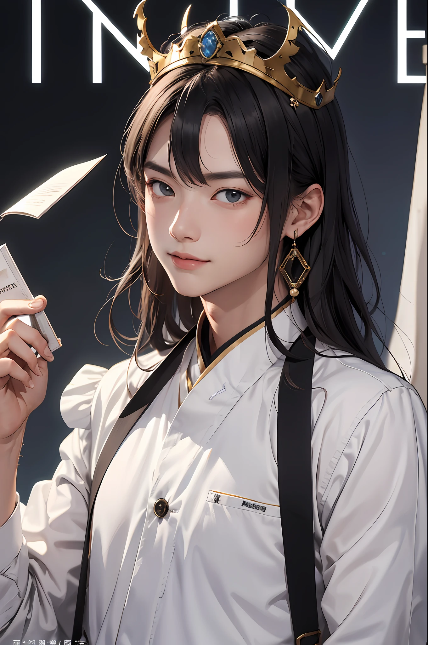 tmasterpiece, Best quality at best, high high quality, 1boys,Tough guy,Bookish,Gentle,With wounds,Ming subdued Han uniform,traditionalcostumes,Moon-white shirt,long whitr hair,Hair crown,with a determined look in his eyes,The eyes are affectionate,ssmile, 独奏, malefocus, The upper part of the body, looking at viewert,MagazineCover,
