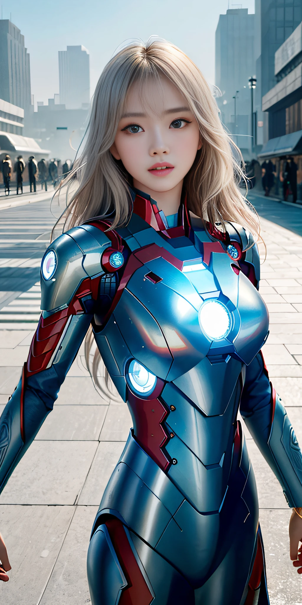 (1girl:1.3), 独奏, (((very vey very detailed face))),((very detailed eyes and faces))),beatiful detailed eyes,Body parts__,offcial art,Unified 8k wallpaper,ultra-detailliert,Beautiful and beautiful,big breasts beautiful,tmasterpiece,best qualtiy,primitive,tmasterpiece,ultra fine photos,best qualtiy,超高分辨率,photorealistic realism,rays of sunshine,full-body portraits,stunningly beautiful,,dynamicposes,delicated face,vibrant eyes,(from the front side), She wears an Iron Man suit,Red and blue color scheme,Very detailed city roof background, Roof,looking over city,详细的脸,detailed complex busy background,untidy,opulent,milkyW,highly detailedskin,Realistic details of skin,Visible pores,Clear focus,volume fog,8k uhd,digital SLR camera,high qulity,filmgrain,White skin of the,photo-realism,lomography,A huge metropolis of the dystopia of the future, semi transparent