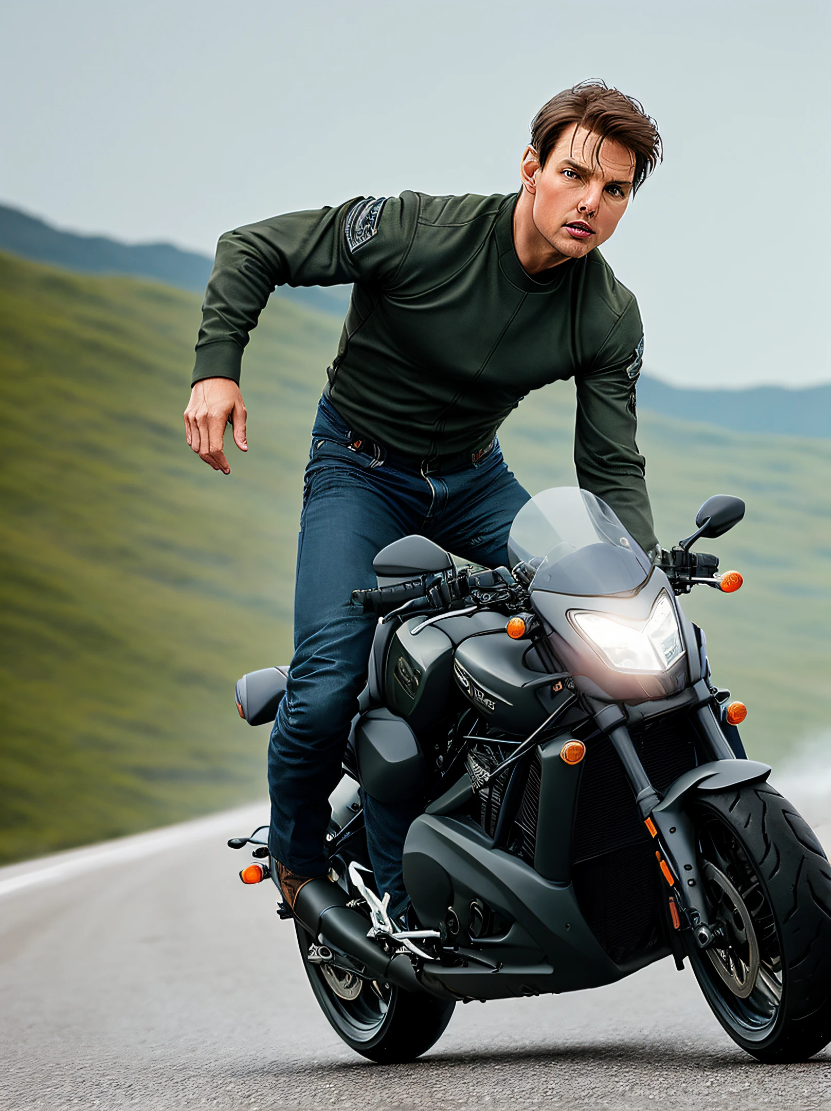 Tom cruise、Mission Impossible、Motorcycle Action、Gliding on rough roads、
Full Body Boat Rate、High photo quality、8K、
