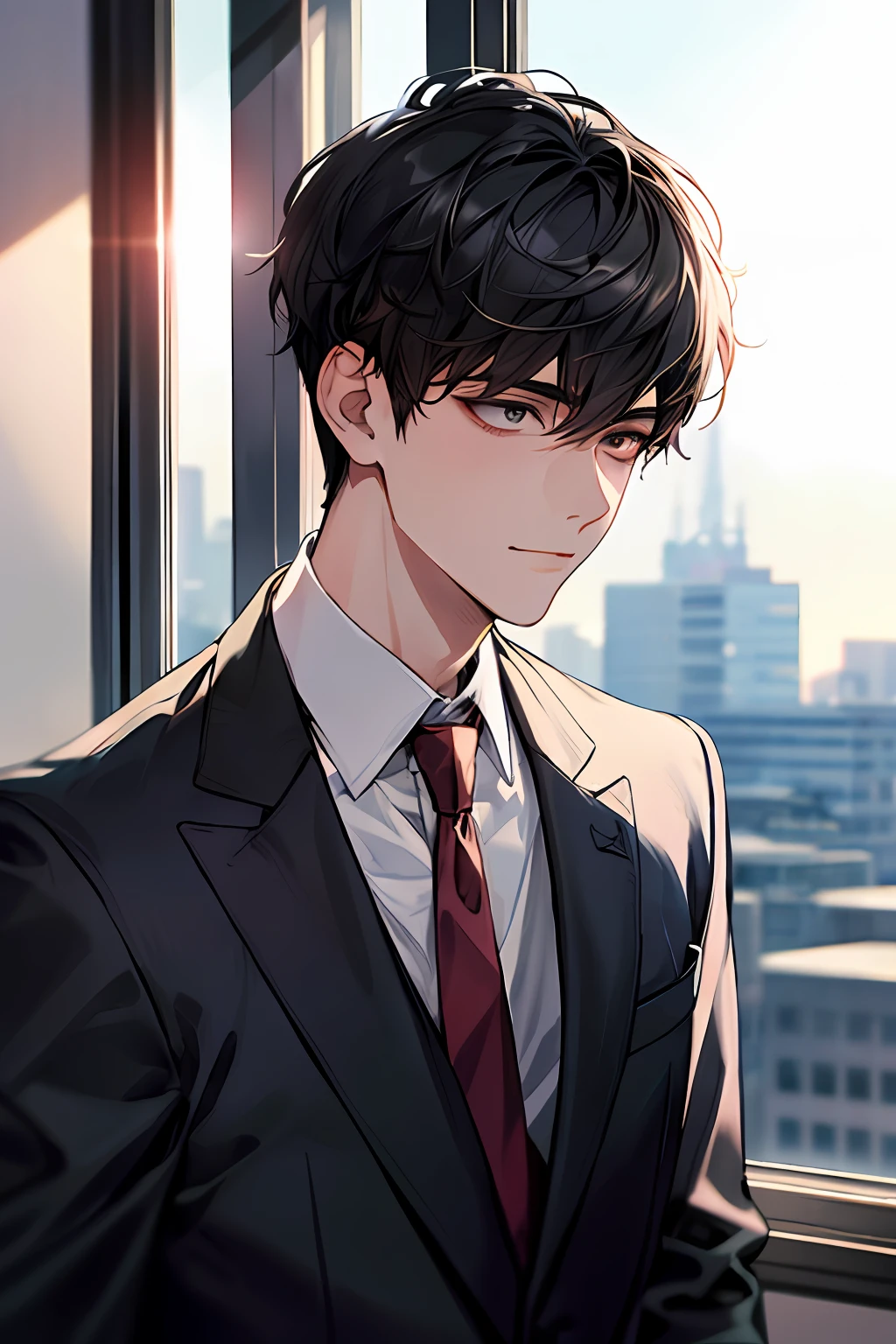 1boy, face focus, adult, business suit, jacket, white shirt, necktie, pants, best quality, hires, detailed face, office, buildings from window, detailed background, diffused sunlight, depth of field, bokeh