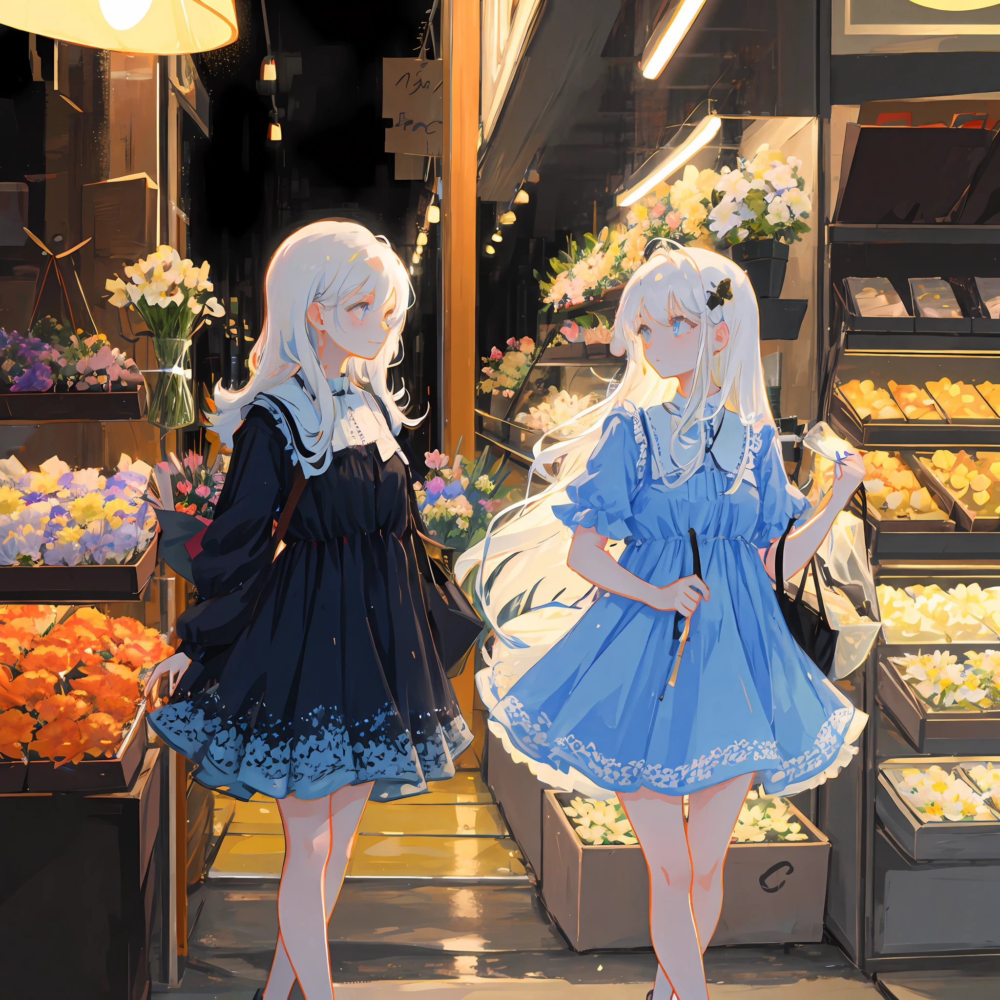 White-haired girl looking at a flower shop under a street lamp,There are many flowers of different colors in the flower shop,The girl is in front of the flower shop,wearing a light blue dress