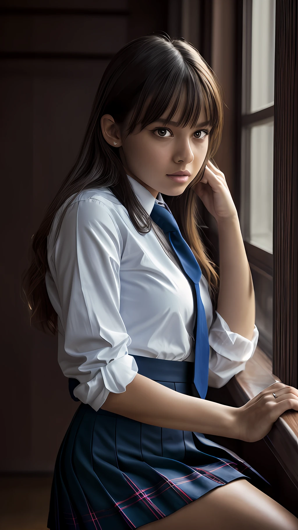 masterpiece, best quality, 8k, official art, raw photo, incredibly absurdres, beautiful girl, pretty face, (sitting, cowboy shot, school uniform, thighs:1.2), white shirt, looking at viewer, teen, classroom, ultra realistic, highres, photography, navy pleated skirt, film grain, chromatic aberration, sharp focus, facelight, dynamic lighting, cinematic lighting, highest detailed, extreme detailed, ultra detailed, finely detail, extremely detailed eyes and face, tie