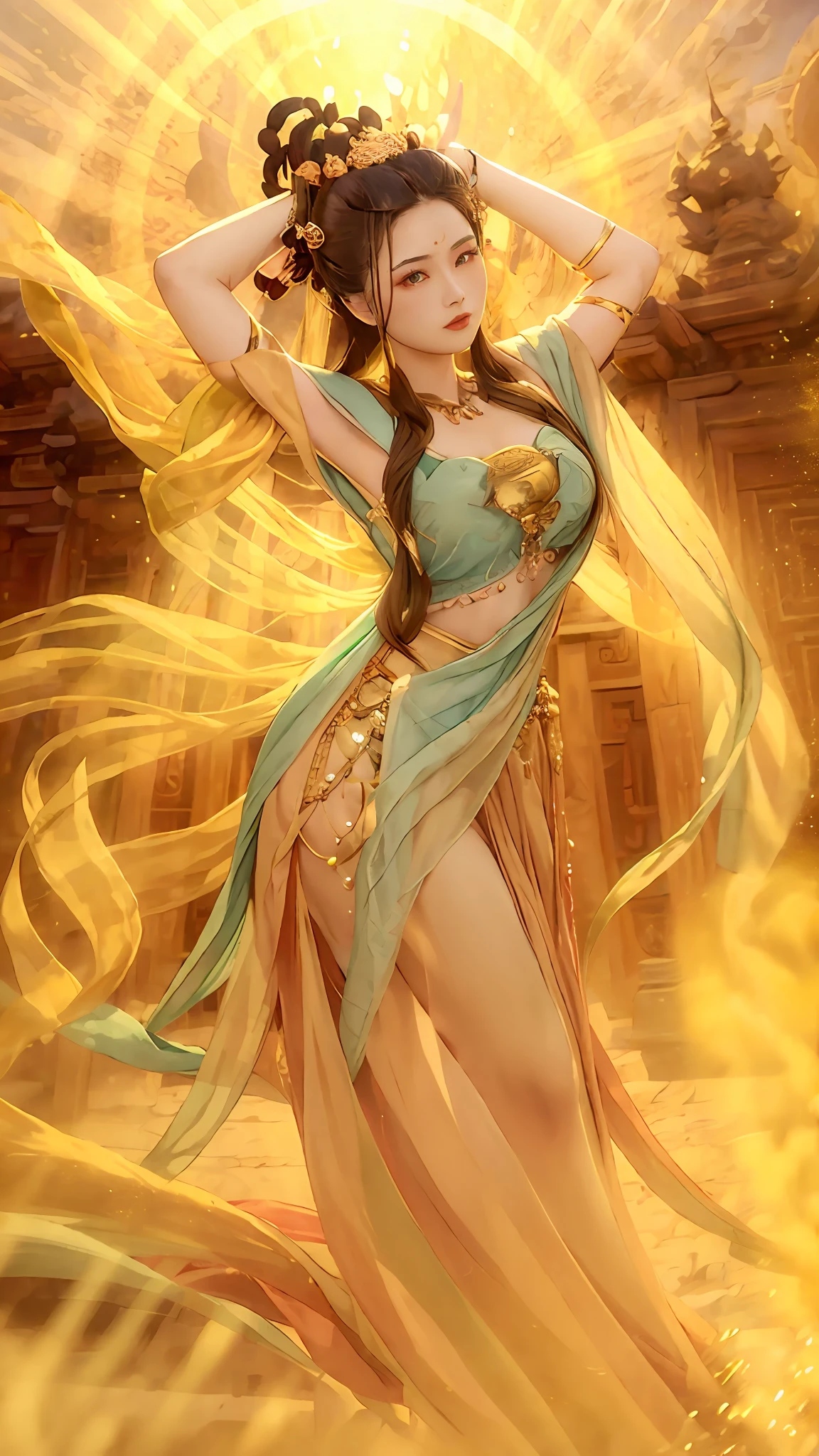 masterpiece, best quality, detailed, solo, torino aqua, mature female, dunhuang_cloths, detailed gold trim, lipstick, heavenly, outdoor, Immortal, dinvine, godlike, godrays, sun beams, brown hair, brown eyes, cowboy shot, expresslessness, light smile, arms up, detailed background, chinese building