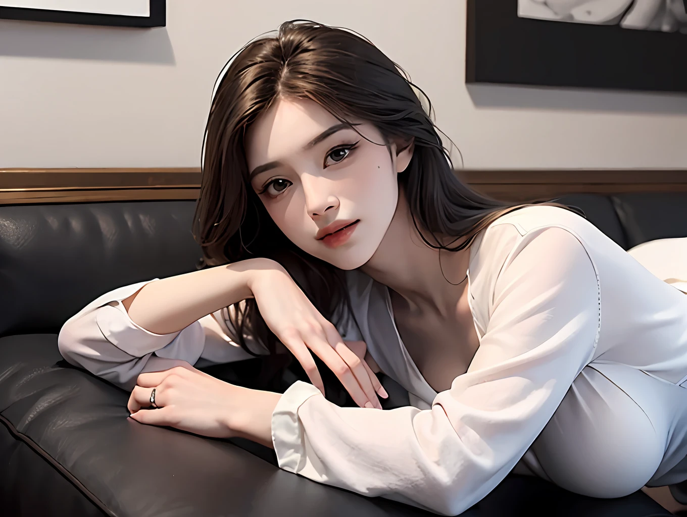 1 rapariga,blackstockings,white shirt,delicated,femminine,ellegance,Raised sexy,youthfulness,big breasts beautiful,mature,Beautiful,classics,Simple,chaste,to contrast,seductiv,carismatic,ellegance,delicated,Steady,naïve,𝓡𝓸𝓶𝓪𝓷𝓽𝓲𝓬,Reserved,Reserved、the detail、Texture、composition、photorealestic、naturey、Light、and harmonious、Beauty Feeling,Lie on the sofa,Strike sexy poses,