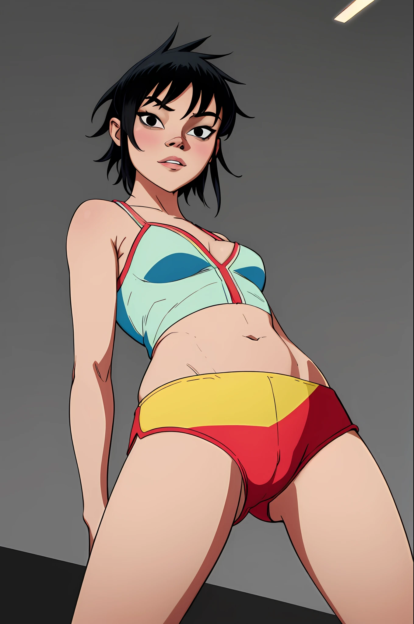 (masterpiece, best quality:1.2),  noodle (gorillaz), 1girl, black hair, solo, black eyes, short hair, bob cut, , small breasts, (parted lips:1.4), (nose blush:1.2), foreshortening, blackcutoffs, (eye contact), high contrast, detailed, breasts visible, Showing breasts, (cinematic lighting), ((high-angle view)), (half body shadow), [backlighting], [crepuscular ray], [detailed ambient light], [gray natural lighting], [ambient light on the belly], (higher wildlife feral detail), [explict content], [sharp focus], (questionable content), (shaded), Commission for High Res, detailed image, bright colors, detailed face, perfect lighting, perfect shadows, perfect eyes, girl focus, flawless face, gorgeous body, shiny body, center focus, gaze at the viewer, 1girl, solo, (masterpiece:1.21), (best quality:1.2), (illustration:1.2), (cinematic lighting:1.3), balanced coloring, global illumination, ray tracing, good lighting, cleavage, attractive body, sexy body, SFW, skinny, child, young age, (((from below))), busy city, foreshortening, (seductive pose), looking at viewer, blackcutoffs, (eye contact), masterpiece, high contrast, hyper detailed, best quality, ultra high res, photorealistic, high resolution, detailed, raw photo, sperm, detailed cum, orgasmic, camel toe, detailed between legs