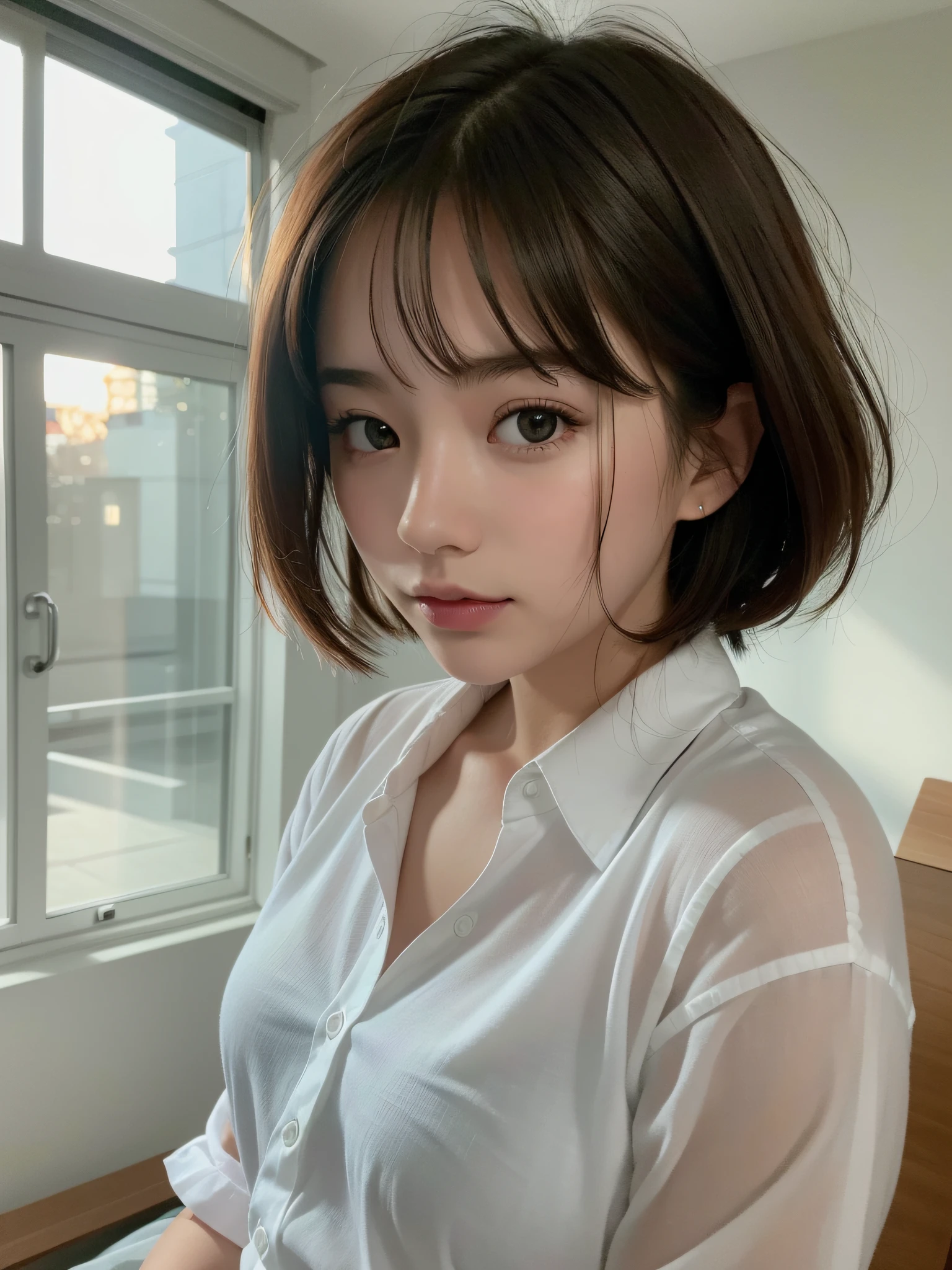 ((top quality, 8k, masterpiece: 1.3, raw photo)), Sharp Focus: 1.2, (1 aespa girl: 1.2), (Realistic, Photorealistic: 1.37), (face focus: 1.1), cute face, small breasts, flat chest, short messy hair, (white button up long shirt: 1.1), panties, beautiful woman sitting by the office room, spread legs, sunlight, movie lighting