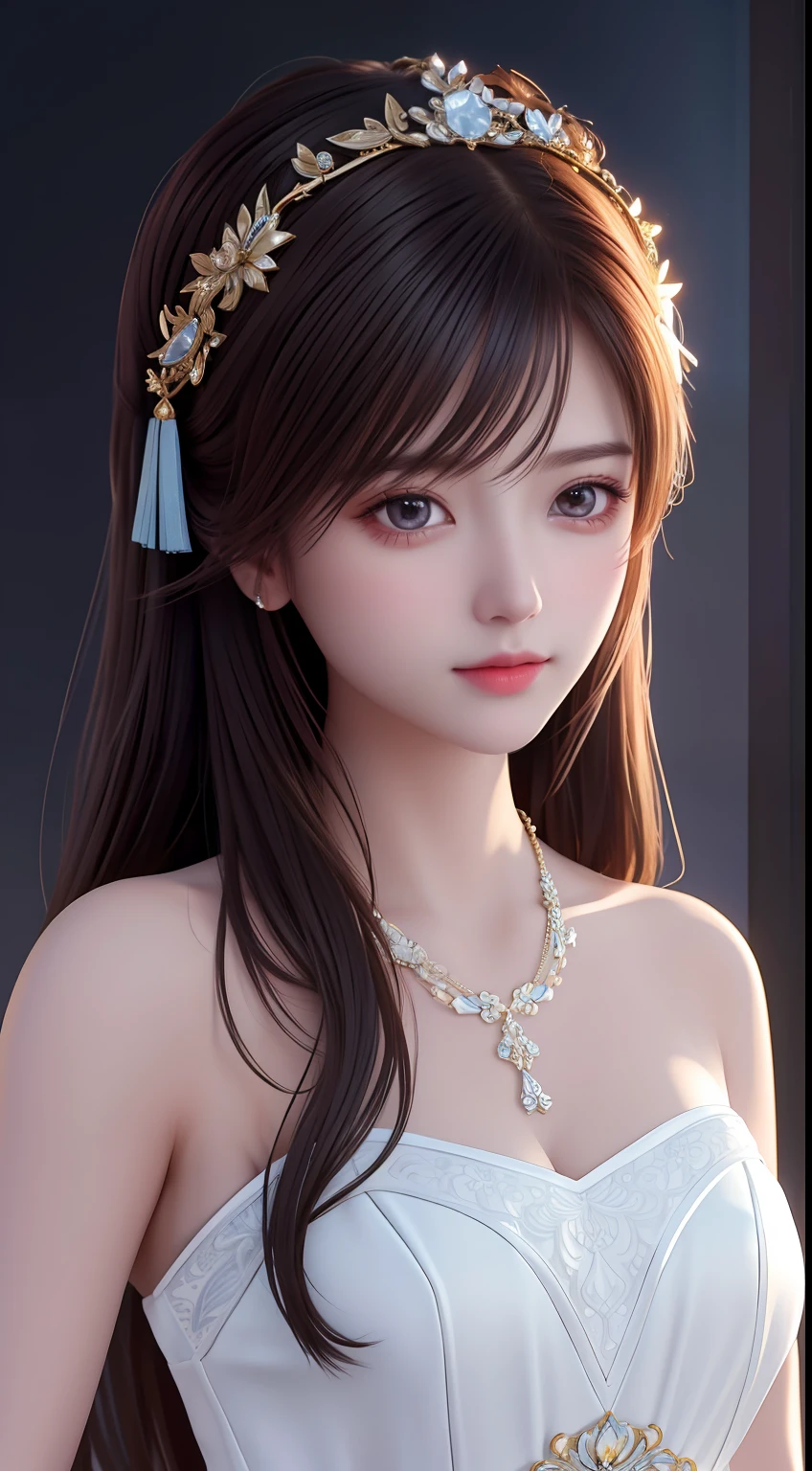 Best quality, masterpiece, high resolution, 1girl, porcelain dress, hair accessories, necklace, jewelry, beautiful face, on the body, Tyndall effect, realistic, dark studio, edge lighting, two-tone lighting, (high detail skin: 1.2), 8k UHD, dslr, soft light, high quality, volumetric light, candid, photo, high resolution, 4k, 8k, background blur,