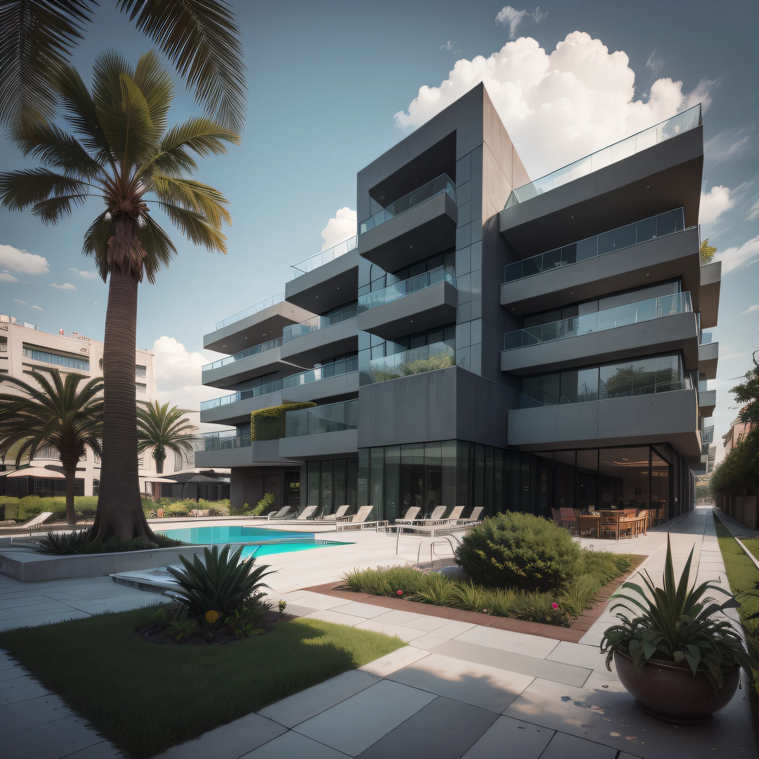 Grande hotel, Arquitetura futurista, building in the background, Architecture of a dark gray concrete building, madeira e muito vidro nas fachadas, architecture inspired by João Salvador, Building with large lawn with some statues, Monumental luxury building in dark tones, Arquitetura moderna, grande piscina em frente ao hotel com grande desk, sun loungers and parasols, restaurante interior com grandes fachadas em vidro, grandes candeeiros no interior, lots of vegetation around, hotel com 120 quartos, Arquitetura moderna, organic architecture, Geometria luxuosa, hiper-realista, Fantastic 8K architecture, UHD — AR 16:
