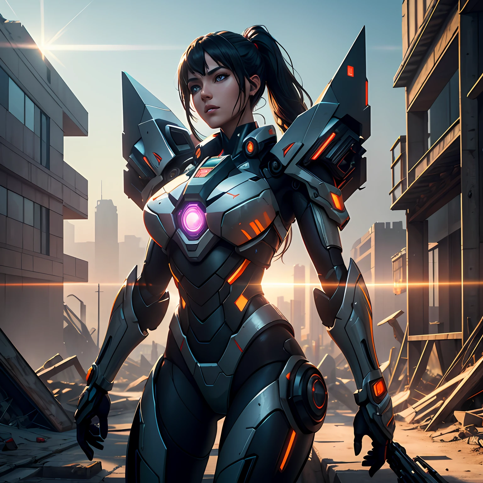 ((Best quality)), ((masterpiece)), (highly detailed:1.3), 3D,Shitu-mecha, beautiful cyberpunk women with her mecha in the ruins of city from a forgoten war, ancient technology,HDR (High Dynamic Range),Ray Tracing,NVIDIA RTX,Super-Resolution,Unreal 5,Subsurface scattering,PBR Texturing,Post-processing,Anisotropic Filtering,Depth-of-field,Maximum clarity and sharpness,Multi-layered textures,Albedo and Specular maps,Surface shading,Accurate simulation of light-material interaction,Perfect proportions,Octane Render,Two-tone lighting,Low ISO,White balance,Rule of thirds,Wide aperature,8K RAW,Efficient Sub-Pixel,sub-pixel convolution,luminescent particles,light scattering,Tyndall effect --auto