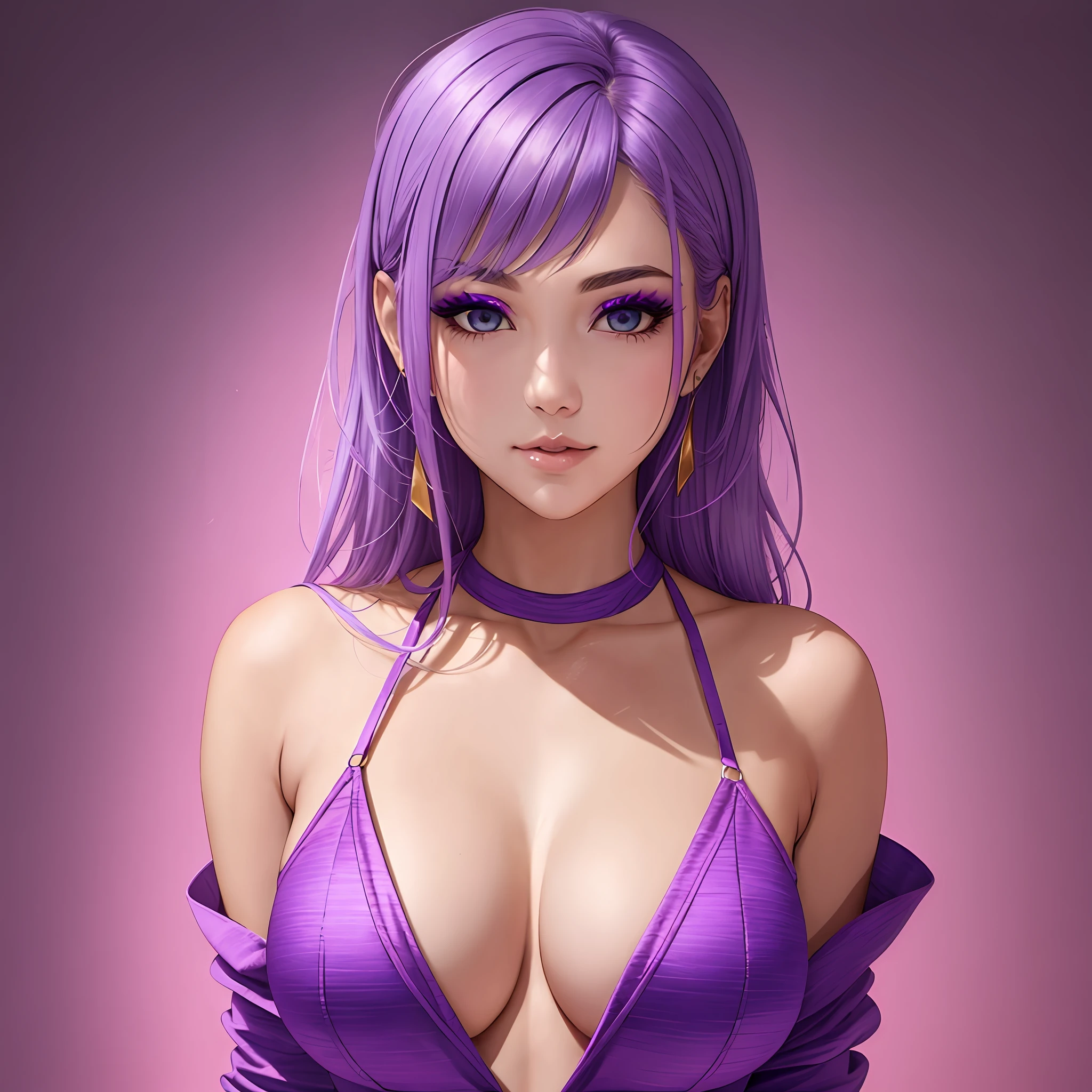 Cute gorgeous woman body with low cleavage dressing, top scratches, purple hair with makeup