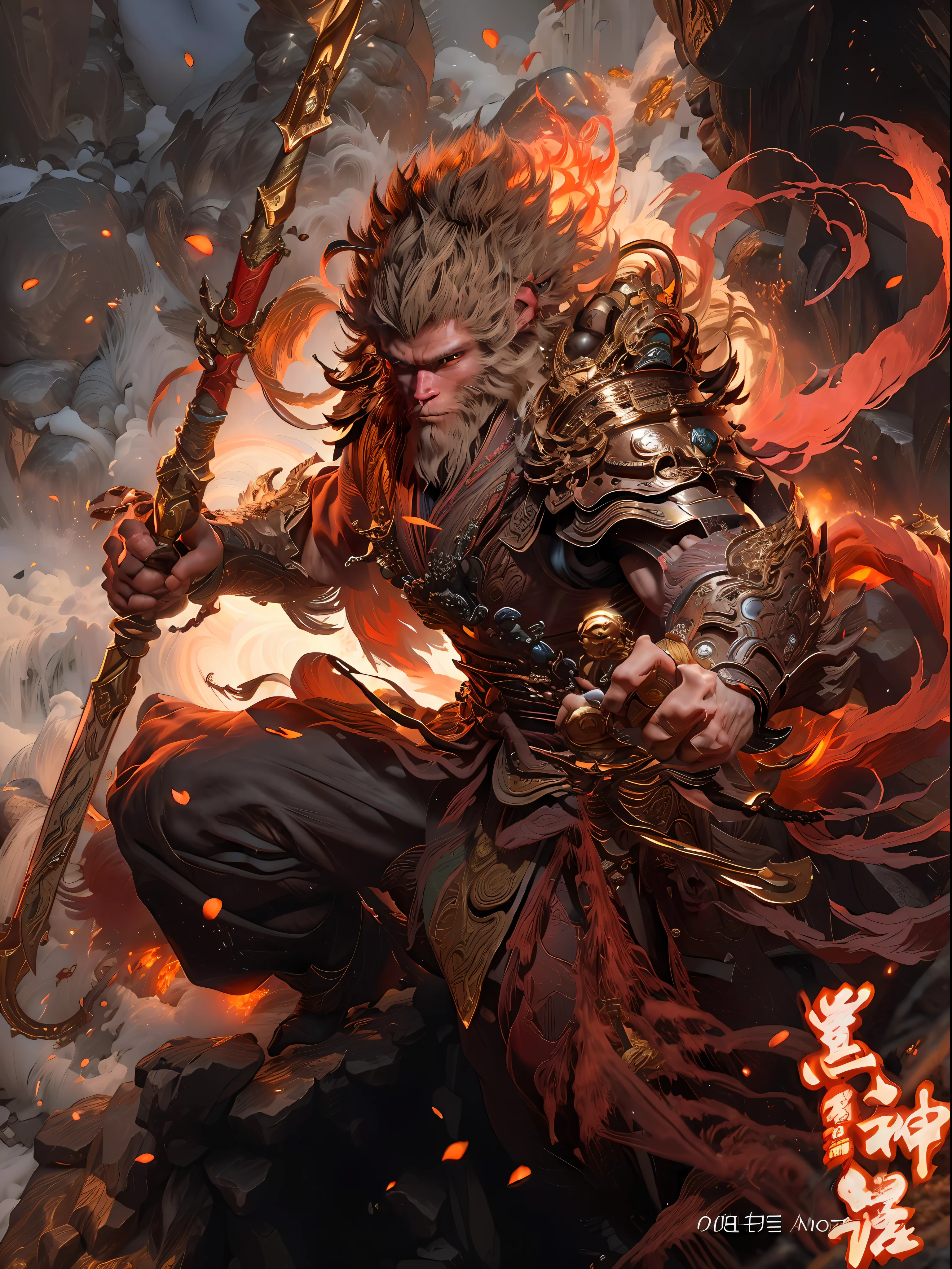 Anthropomorphic male monkey man with golden hoop stick in his hand, Sun Wukong, Wukong, fighting Buddha, normal hands, flame clouds under his feet, fire eyes golden eyes bright and brave, very beautiful anthropomorphic monkey, Guan Yu, inspired by Huang Shen, inspired by Hu Zaobin, inspired by Yang Jin, legendary god holding a spear, by Yang J, Bian Lian, Sun Wukong, inspired by Li Kan, Cheng Wei Pan on Artstation
