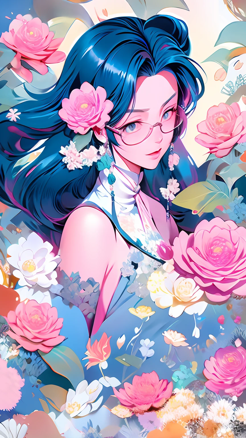 drawing of a woman with blue hair and glasses with flowers in her hair,korean art nouveau anime, beautiful anime artwork, artgerm and james jean, anime art nouveau, beautiful anime art, the flower prince, a beautiful artwork illustration, detailed anime character art, digital art on pixiv, anime fantasy illustration, detailed digital anime art, beautiful fantasy anime, clean detailed anime art, 2 d anime style, decora inspired illustrations, inspired by Yumihiko Amano, anime girl with teal hair, anime style portrait, beautiful anime art style, portrait of jinx from arcane, manga art style, anime style illustration, anime art style, anime style art, anime styled, beautiful line art, detailed manga style, extremely fine ink lineart, black and white manga style, black and white line art, ink manga drawing, intense line art, pencil and ink manga drawing, intense black line art, in style of manga, exquisite line art, perfect lineart,exquisite line art, exquisite digital illustration, detailed digital drawing, black and white coloring, digital anime illustration, a beautiful artwork illustration, detailed matte fantasy portrait, beautiful line art, great digital art with details, goddess. extremely high detail, 4k detailed digital art, stunning digital illustration