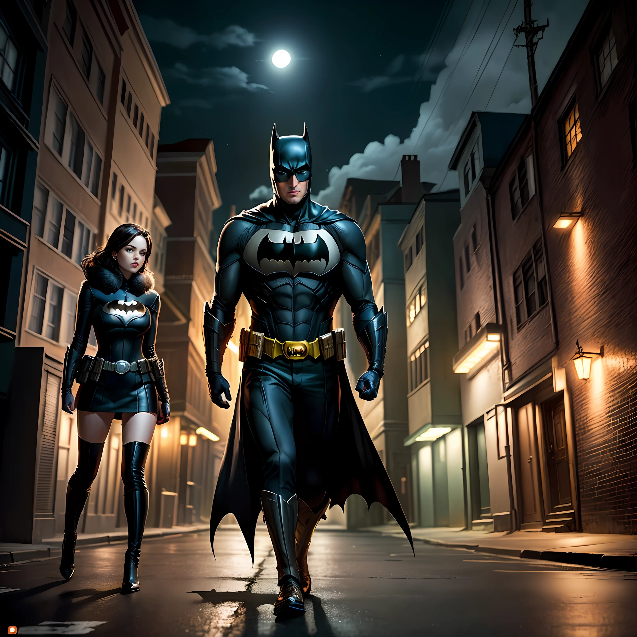 Batman and Robin Wayne walking down a street at night, Batman, Noite em Gotham City, Do filme Batman, in batman movie still cinematic, Directed by: Brian Thomas, Nos quadrinhos do Batman, Filme ainda do Batman, Gotham, Directed by: Thomas Dalziel, by Hristofor Žefarović, Shutterstock, Anigirl Batman, Cidade de Gotham, Estilo de Arte DC Comics