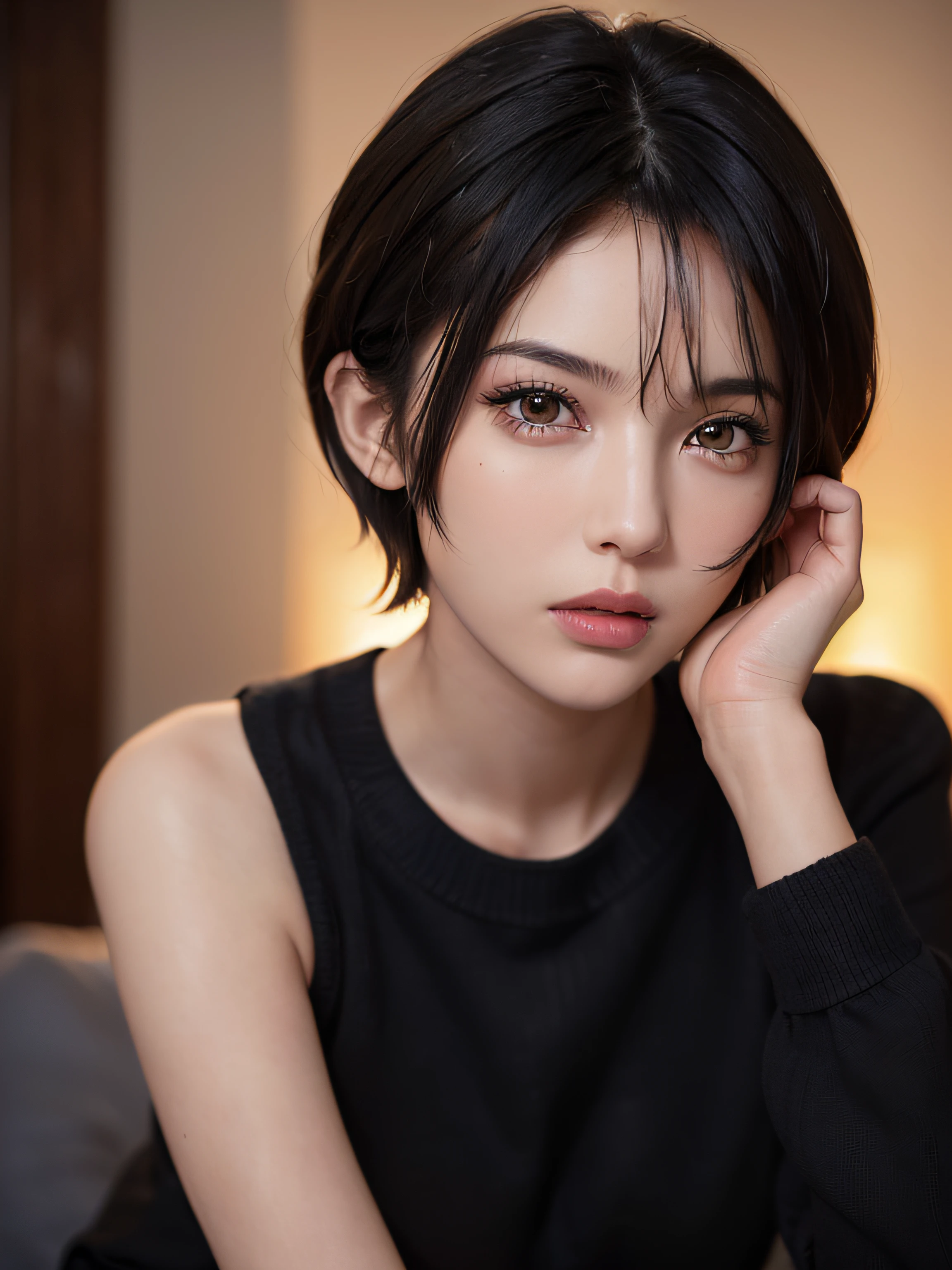(masterpiece:1.3), (8k, photorealistic, RAW photo, best quality: 1.4), (1girl), beautiful face, (realistic face), (black hair, short hair:1.3), beautiful hairstyle, realistic eyes, beautiful detailed eyes, (realistic skin), beautiful skin, (sweater), absurdres, attractive, ultra high res, ultra realistic, highly detailed, golden ratio
