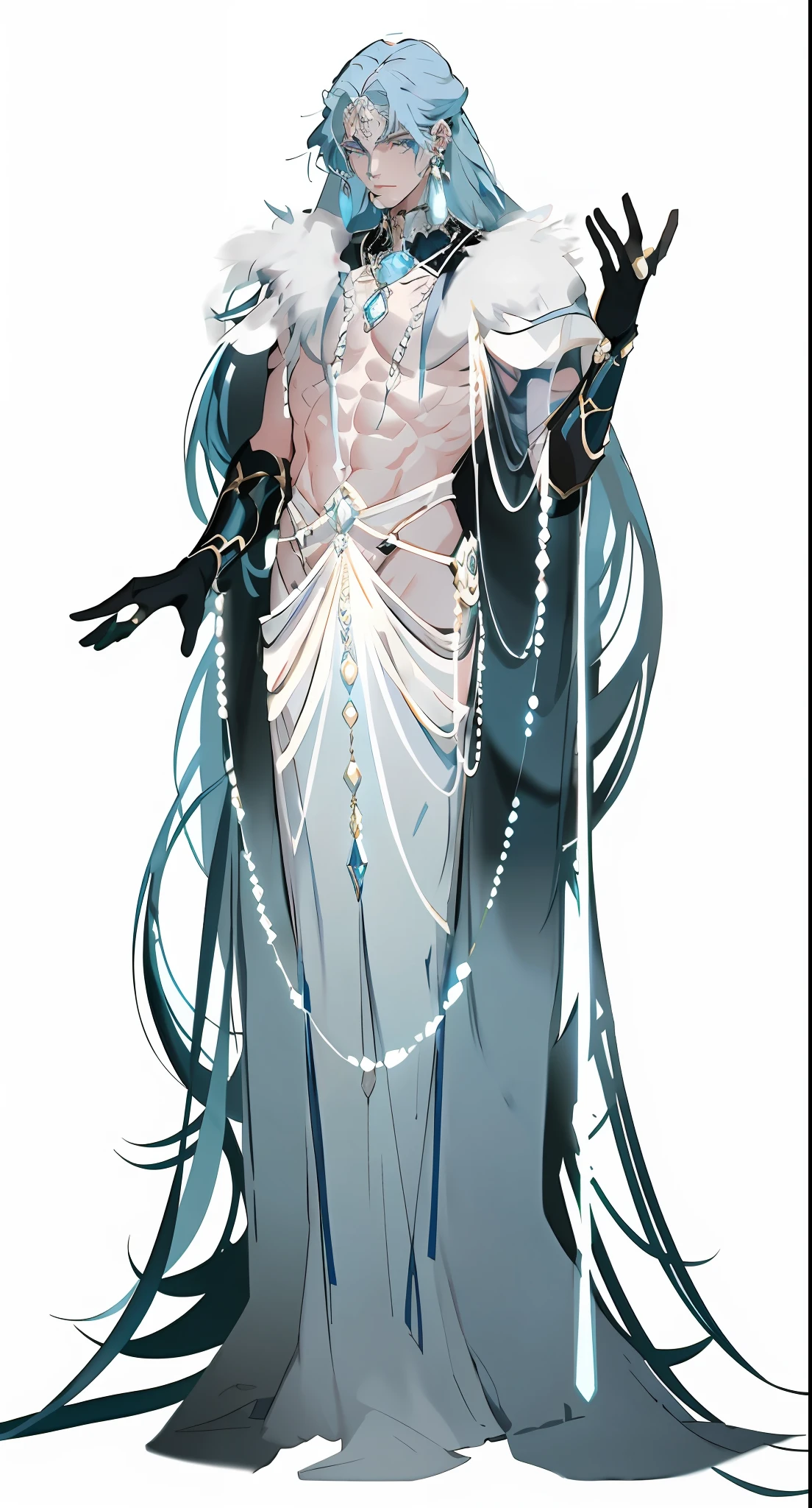 masterpiece,best quality,Iceberg Beauty, a delicate hermaphrodite prince, with long blue hair, blue eyes, ice, and Greek elements. She has many pearl accessories, blue eyes, abdominal muscles, and a dark witch's full body posture. She is dressed in a blue and white aristocratic dress, high and cold,8k