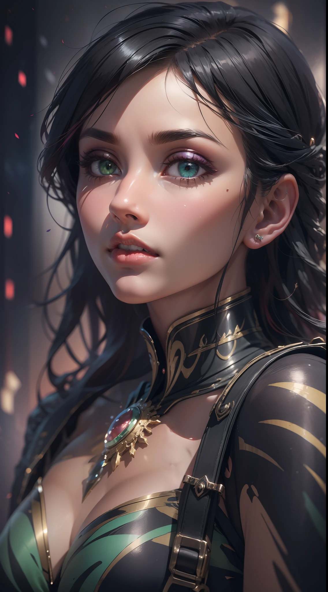 Immerse yourself in the beauty of the face of a young European girl as the camera zooms in, her sleek black hair framing her face with elegance, her captivating green eyes shining with a mix of confidence and intrigue, a small nose adding a touch of grace, her lips adorned with a captivating shade of purple lipstick, the image captured in a 9:16 aspect ratio, the high-performance camera bringing out every subtle detail of her skin, Sculpture, meticulously sculpted in clay and polished to perfection, showcasing the intricacies of her facial features in a three-dimensional form