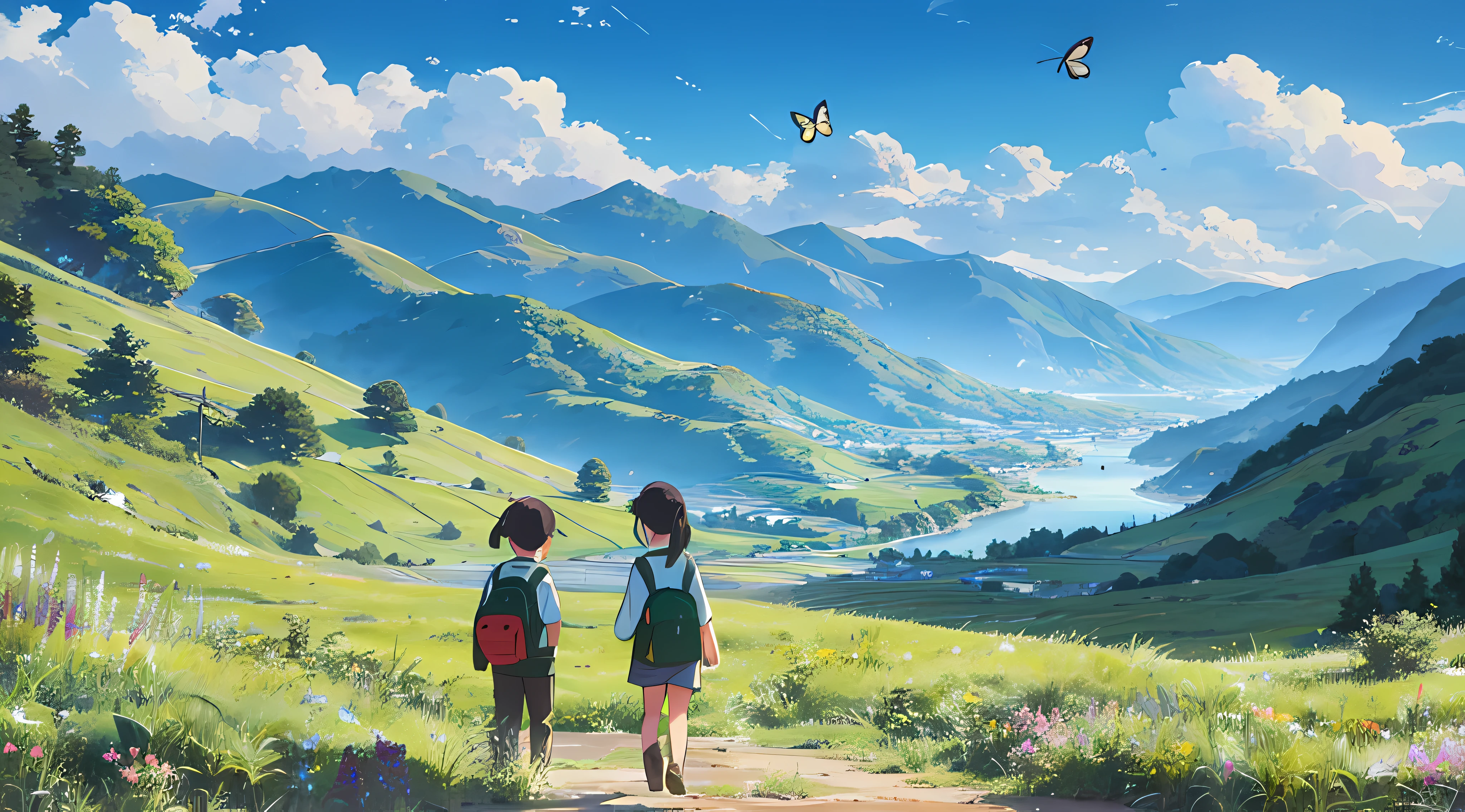 Two looking at the distant scenery,Green mountains,clear blue skies,Flocks of birds flew in the sky,There are butterflies all around,Small river around,tussock,There are flowers on the ground,Cartoon art style,Warm colors: one for boys and one for girls