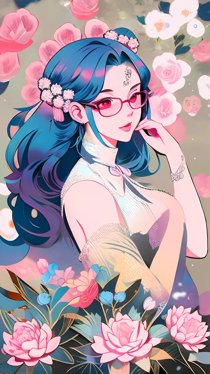 drawing of a woman with blue hair and glasses with flowers in her hair,korean art nouveau anime, beautiful anime artwork, artgerm and james jean, anime art nouveau, beautiful anime art, the flower prince, a beautiful artwork illustration, detailed anime character art, digital art on pixiv, anime fantasy illustration, detailed digital anime art, beautiful fantasy anime, clean detailed anime art, 2 d anime style, decora inspired illustrations, inspired by Yumihiko Amano, anime girl with teal hair, anime style portrait, beautiful anime art style, portrait of jinx from arcane, manga art style, anime style illustration, anime art style, anime style art, anime styled, beautiful line art, detailed manga style, extremely fine ink lineart, black and white manga style, black and white line art, ink manga drawing, intense line art, pencil and ink manga drawing, intense black line art, in style of manga, exquisite line art, perfect lineart,exquisite line art, exquisite digital illustration, detailed digital drawing, black and white coloring, digital anime illustration, a beautiful artwork illustration, detailed matte fantasy portrait, beautiful line art, great digital art with details, goddess. extremely high detail, 4k detailed digital art, stunning digital illustration